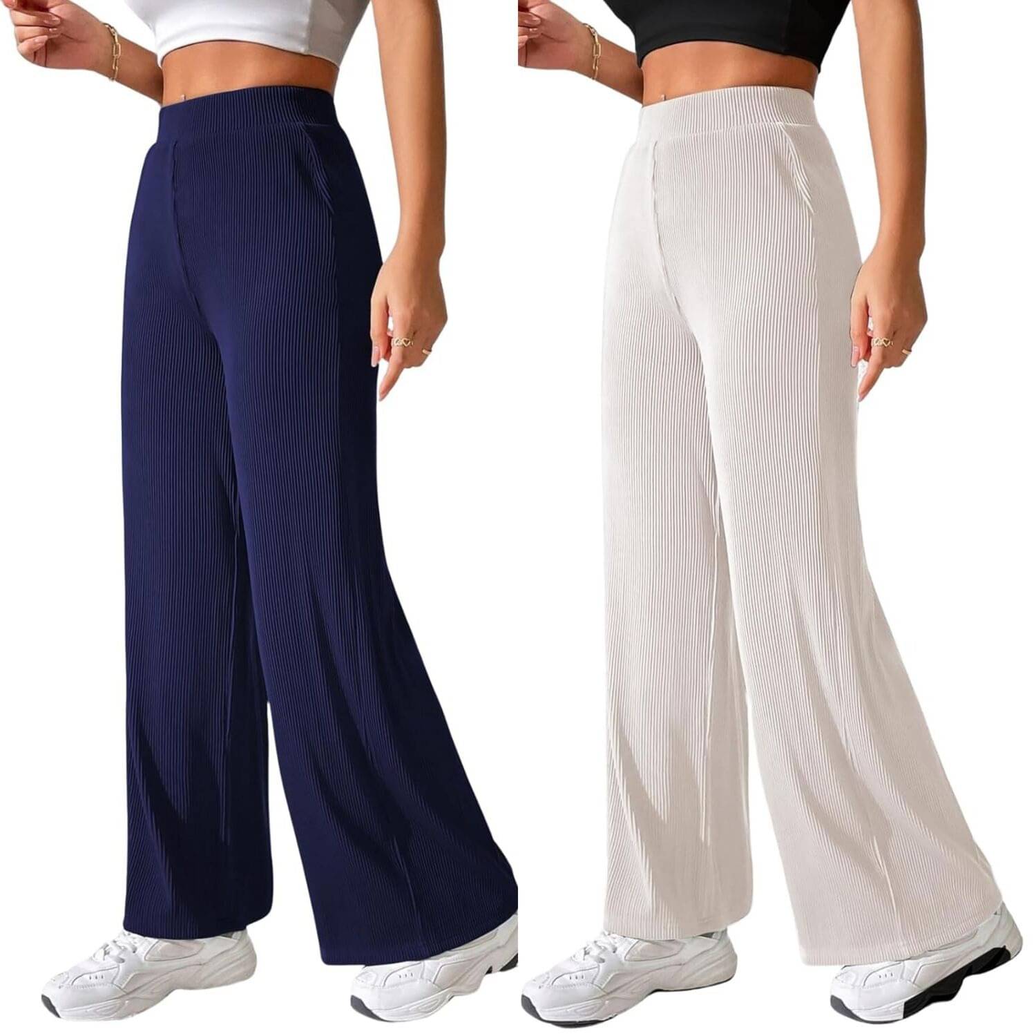     			Qyaas Pack of 2 Lycra Straight Women's Casual Pants ( Navy,White )