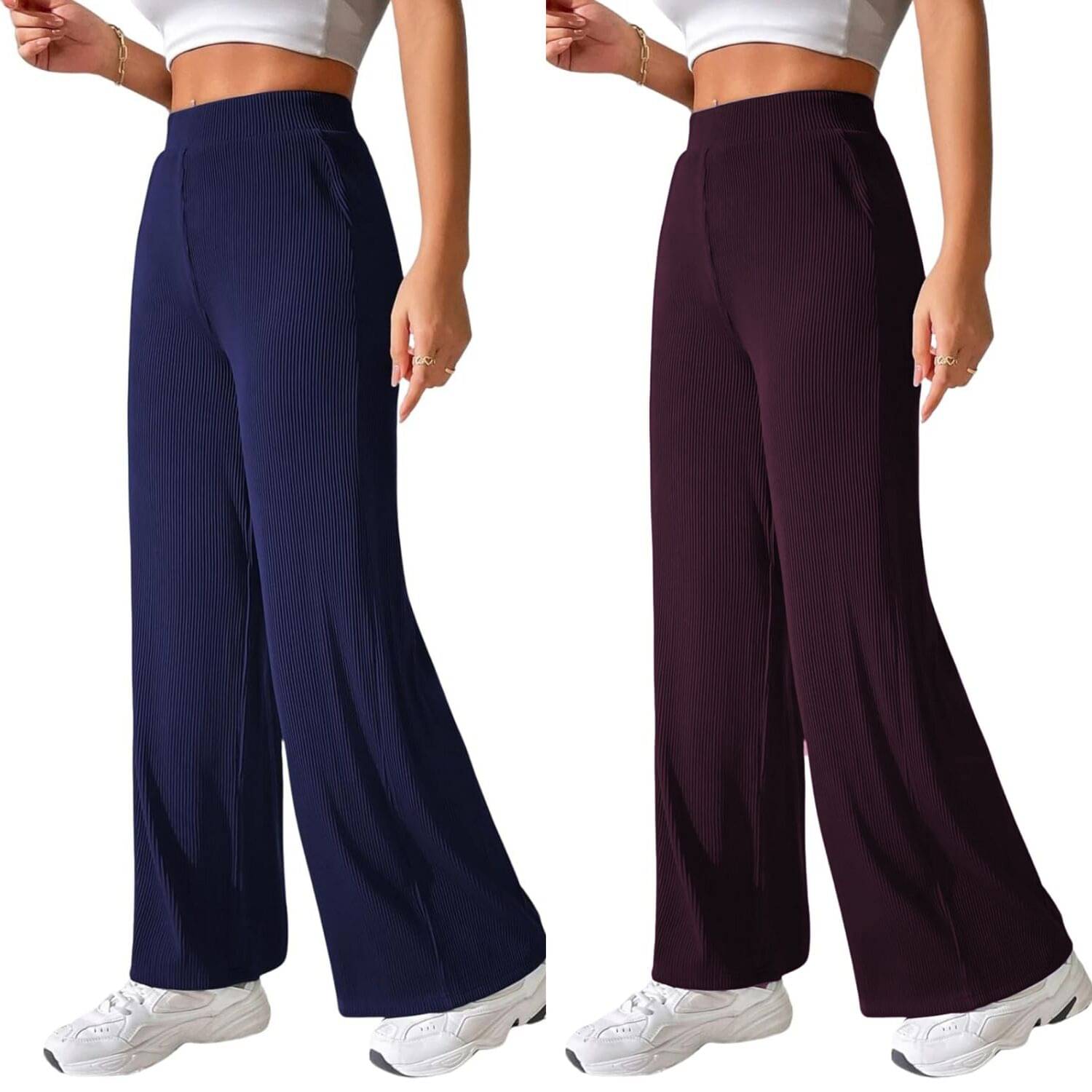     			Qyaas Pack of 2 Lycra Straight Women's Casual Pants ( Navy Blue,Wine )