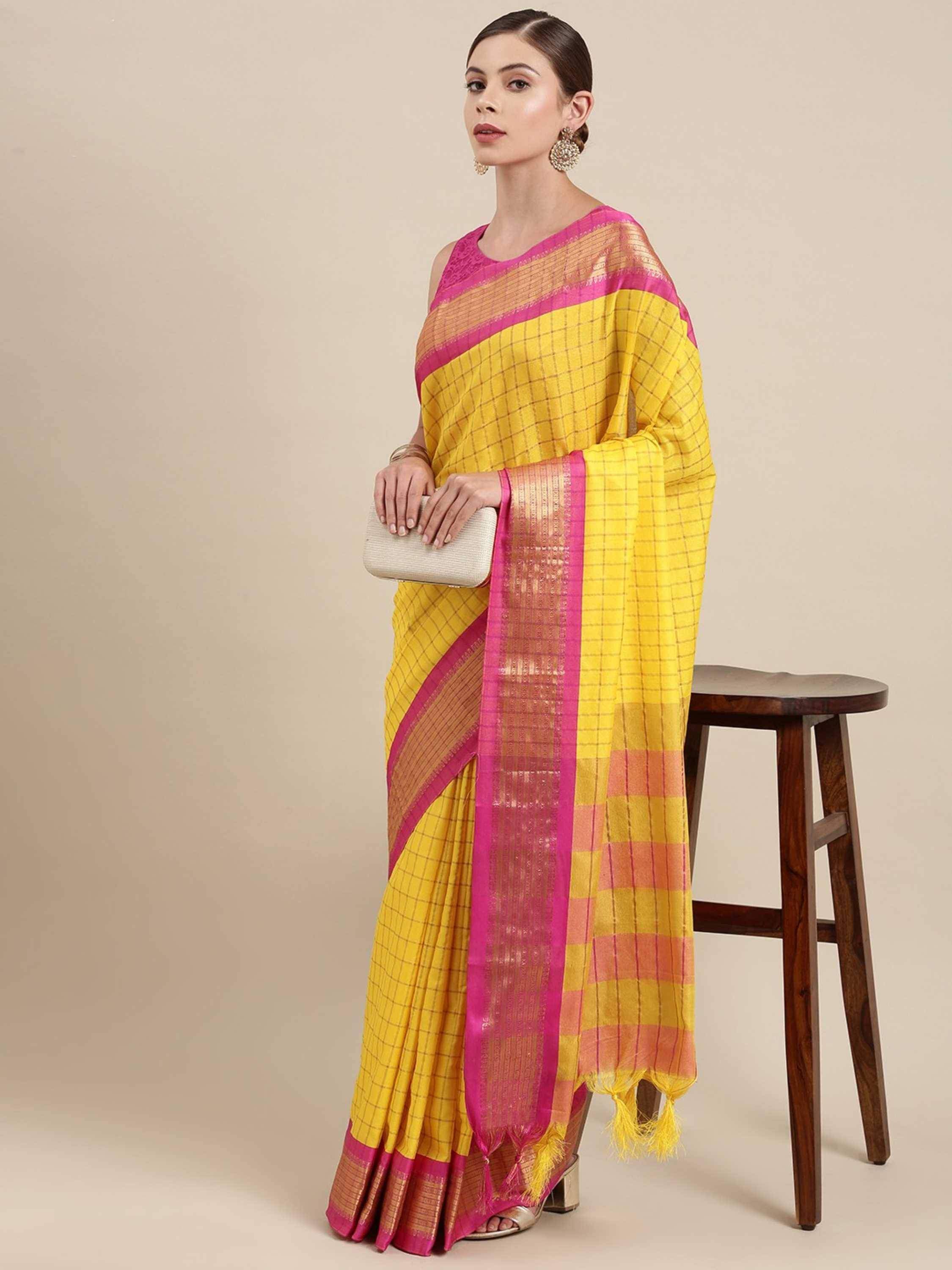 Rangtulika Ethnics Cotton Checks Banarasi saree With Unstitched Blouse Piece ( Yellow )     			Rangtulika Ethnics Cotton Checks Banarasi saree With Unstitched Blouse Piece ( Yellow )