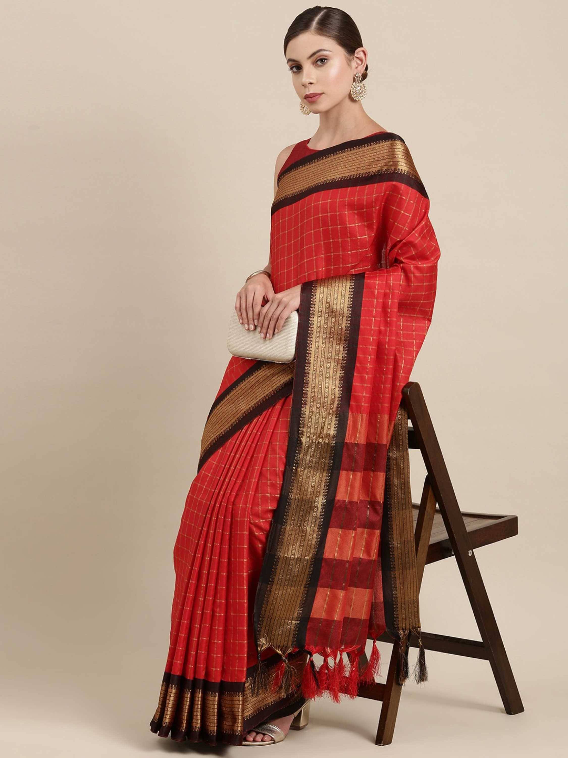 Rangtulika Ethnics Cotton Checks Banarasi saree With Unstitched Blouse Piece ( Red ) Rangtulika Ethnics Cotton Checks Banarasi saree With Unstitched Blouse Piece ( Red )