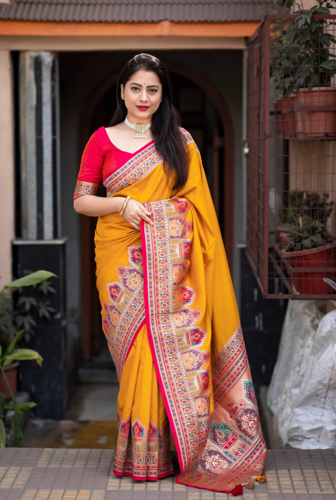 Rangtulika Ethnics Cotton Woven Banarasi saree With Unstitched Blouse Piece ( Mustard ) - Sarees | Buy online on ZillyBuy