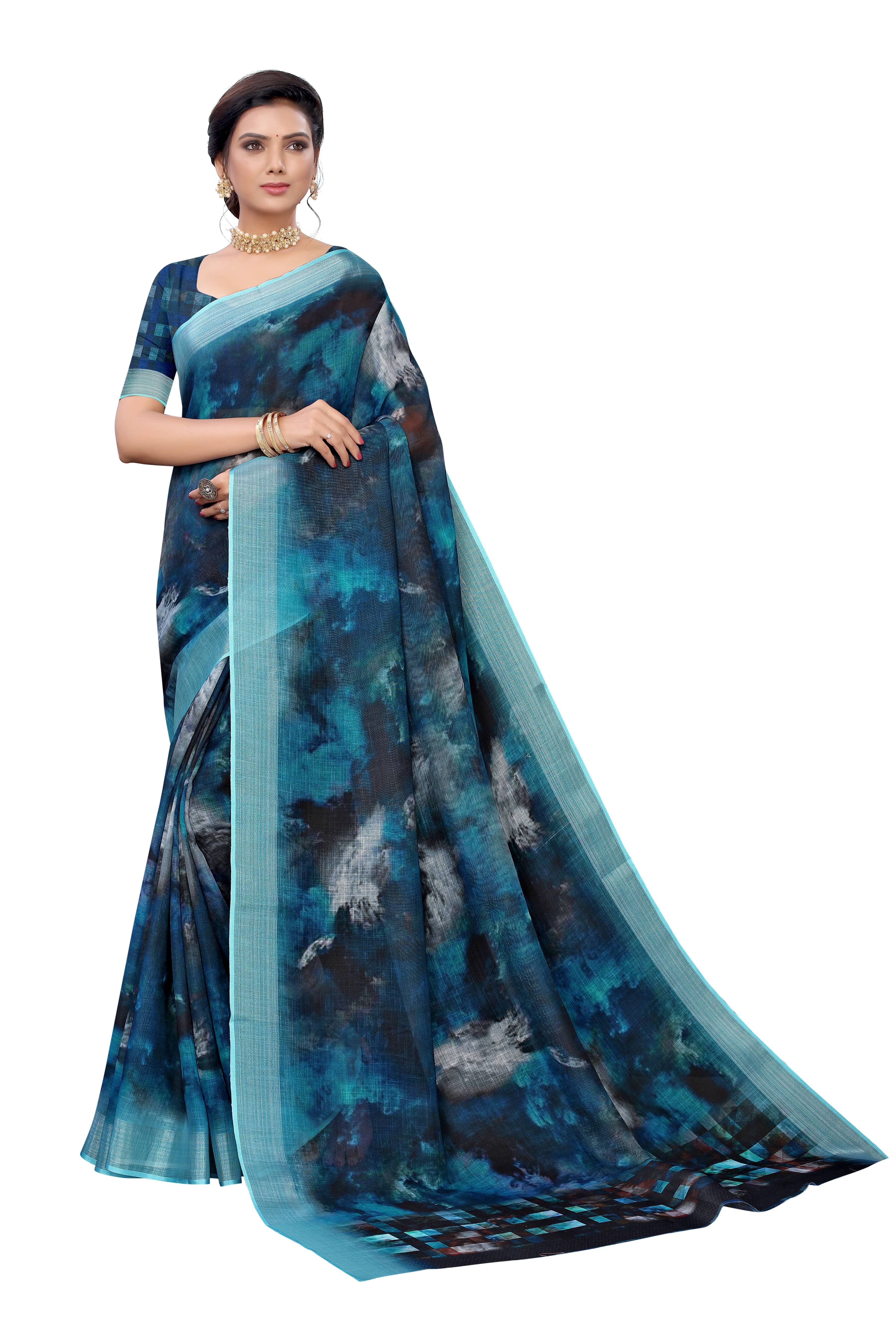 Rangtulika Ethnics Linen Printed Banarasi saree With Unstitched Blouse Piece ( Blue ) Rangtulika Ethnics Linen Printed Banarasi saree With Unstitched Blouse Piece ( Blue )