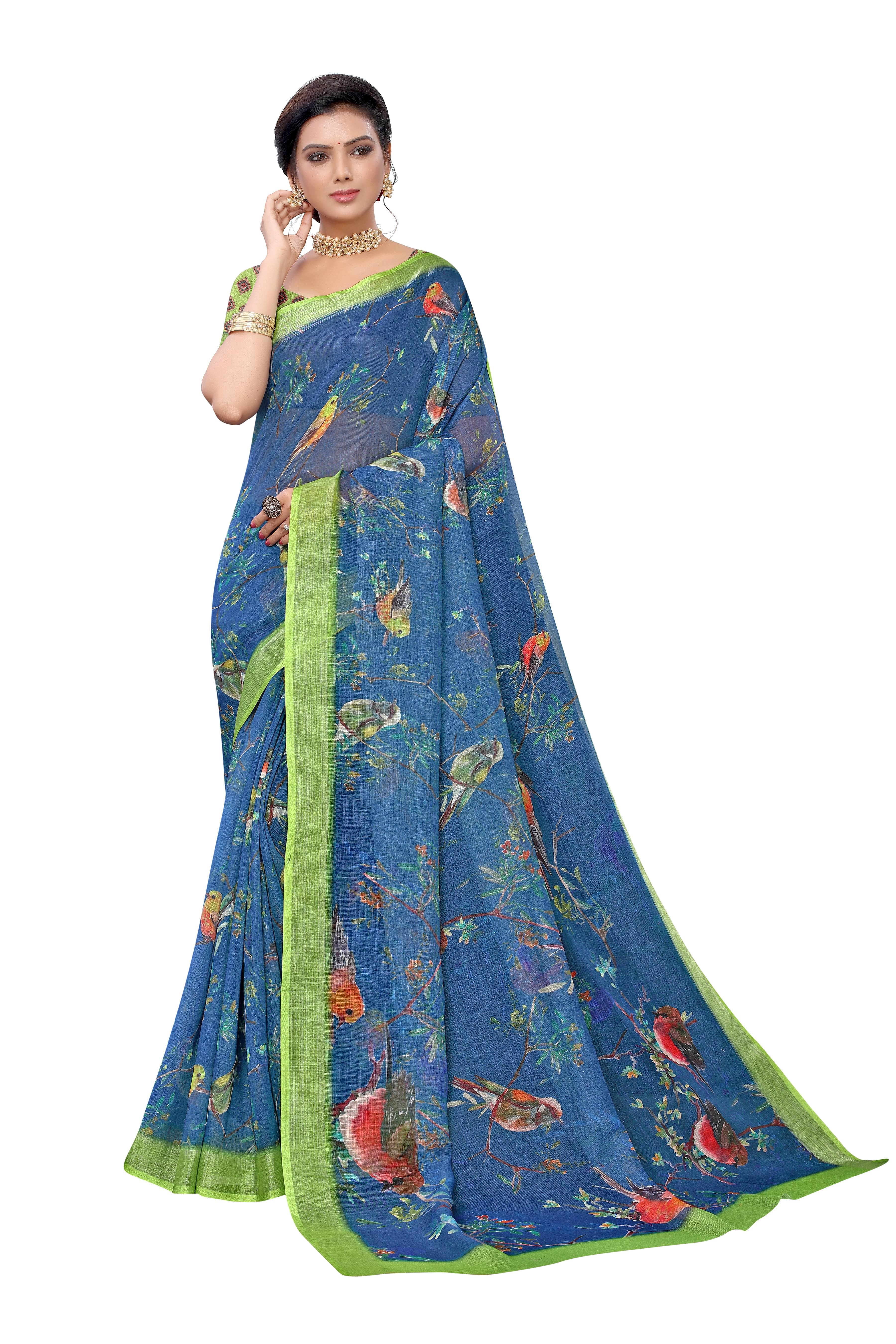 Rangtulika Ethnics Linen Printed Banarasi saree With Unstitched Blouse Piece ( Blue )     			Rangtulika Ethnics Linen Printed Banarasi saree With Unstitched Blouse Piece ( Blue )