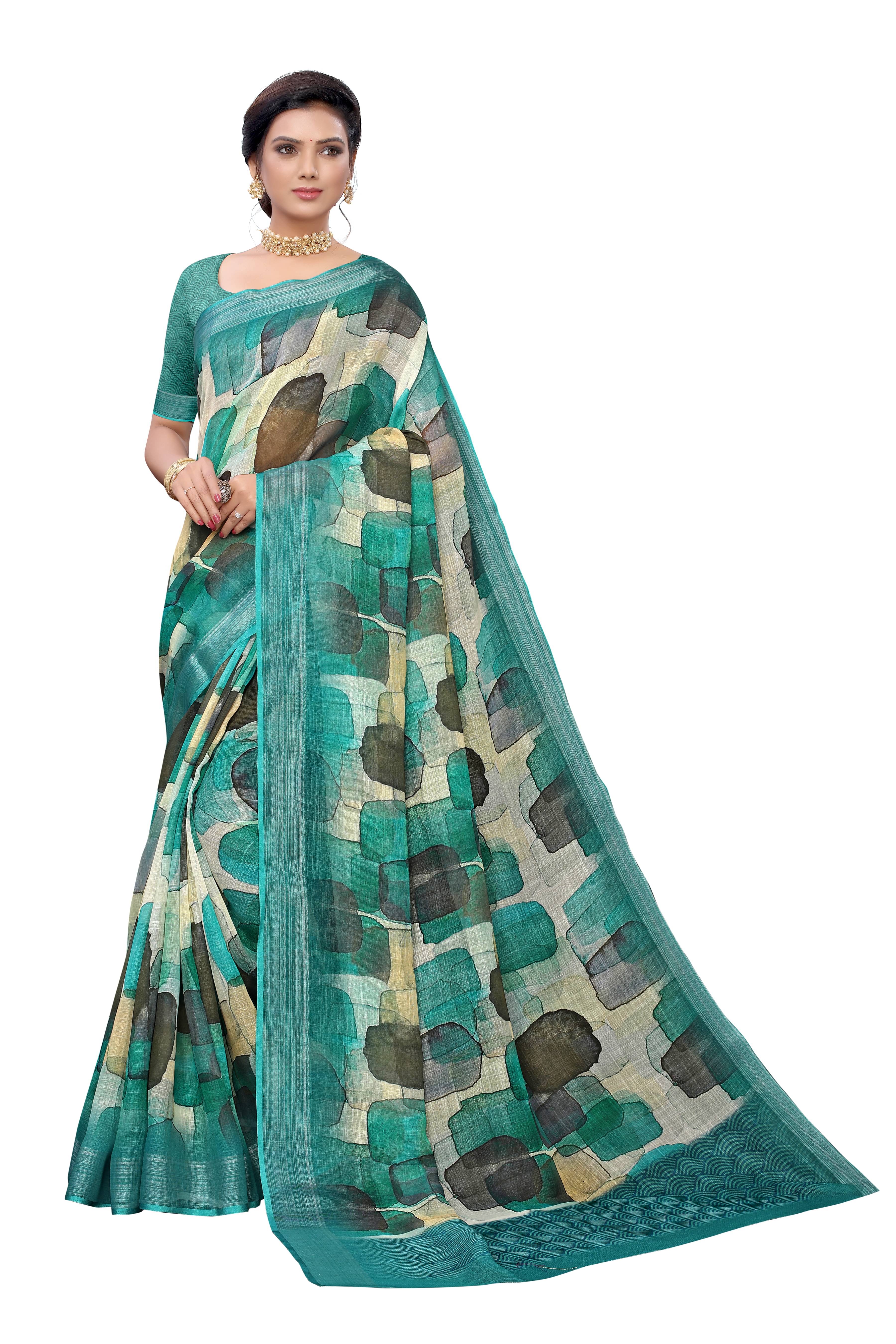 Rangtulika Ethnics Linen Printed Banarasi saree With Unstitched Blouse Piece ( Green ) Rangtulika Ethnics Linen Printed Banarasi saree With Unstitched Blouse Piece ( Green )