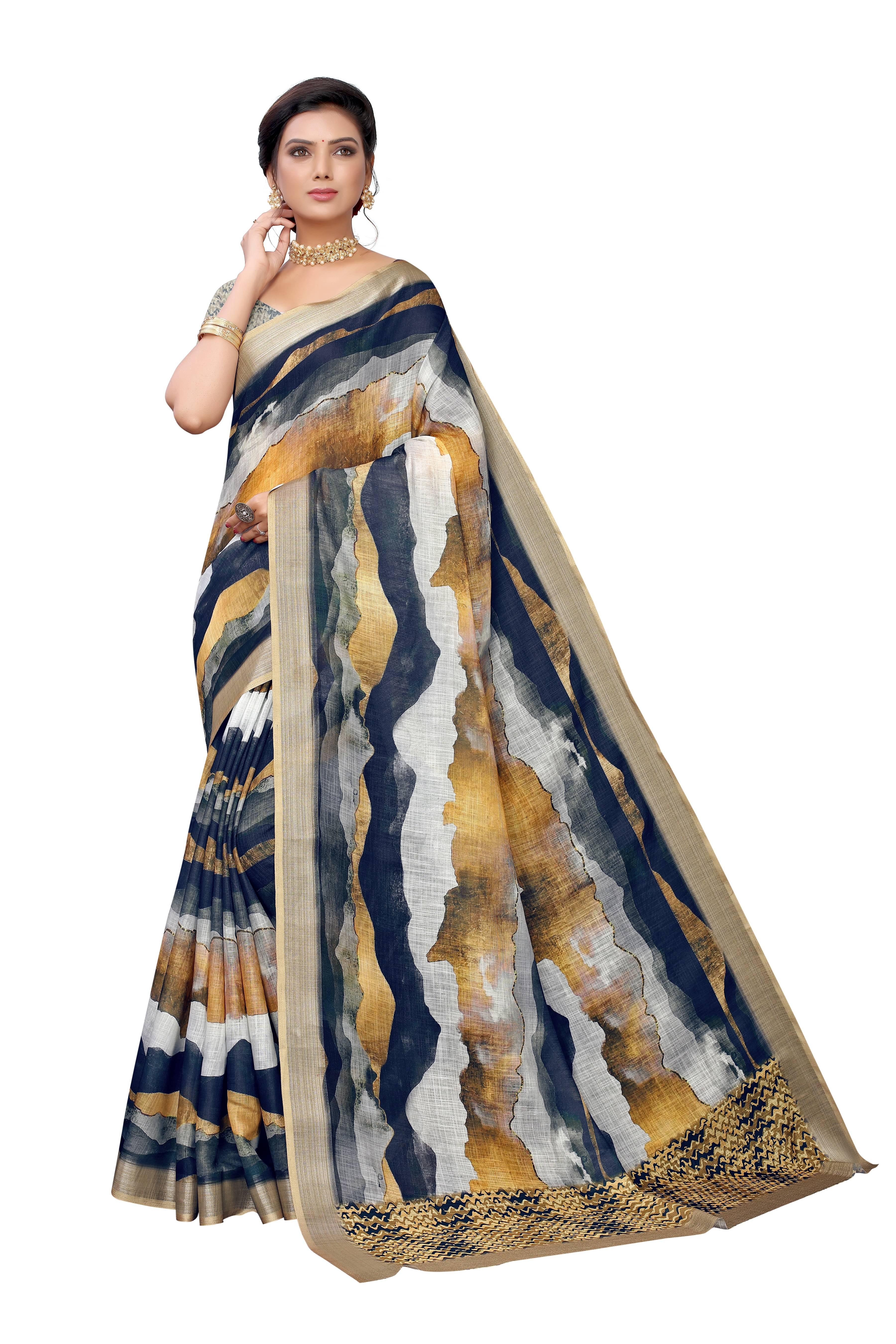     			Rangtulika Ethnics Linen Printed Banarasi saree With Unstitched Blouse Piece ( Yellow )
