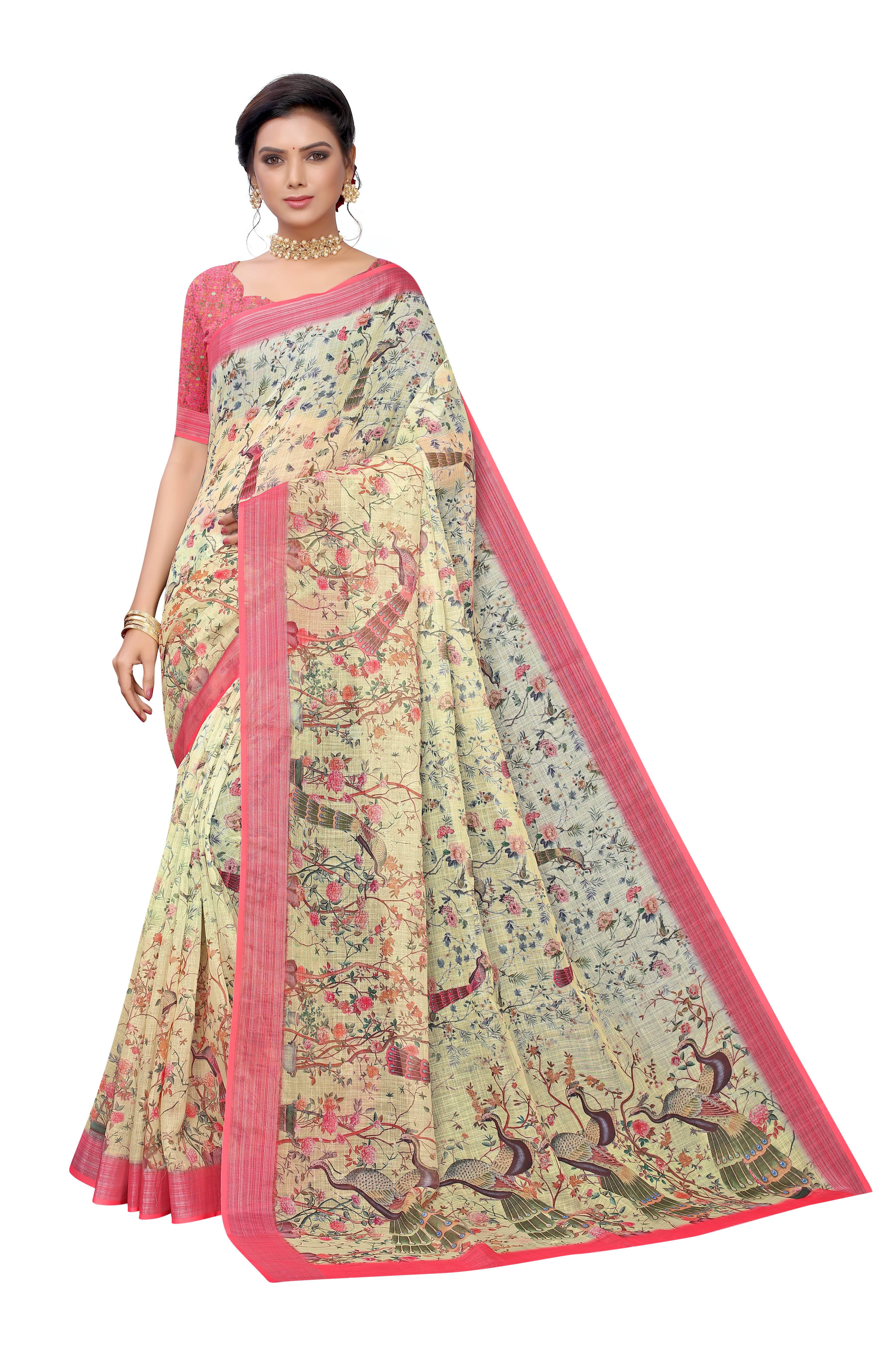     			Rangtulika Ethnics Linen Printed Banarasi saree With Unstitched Blouse Piece ( Yellow )