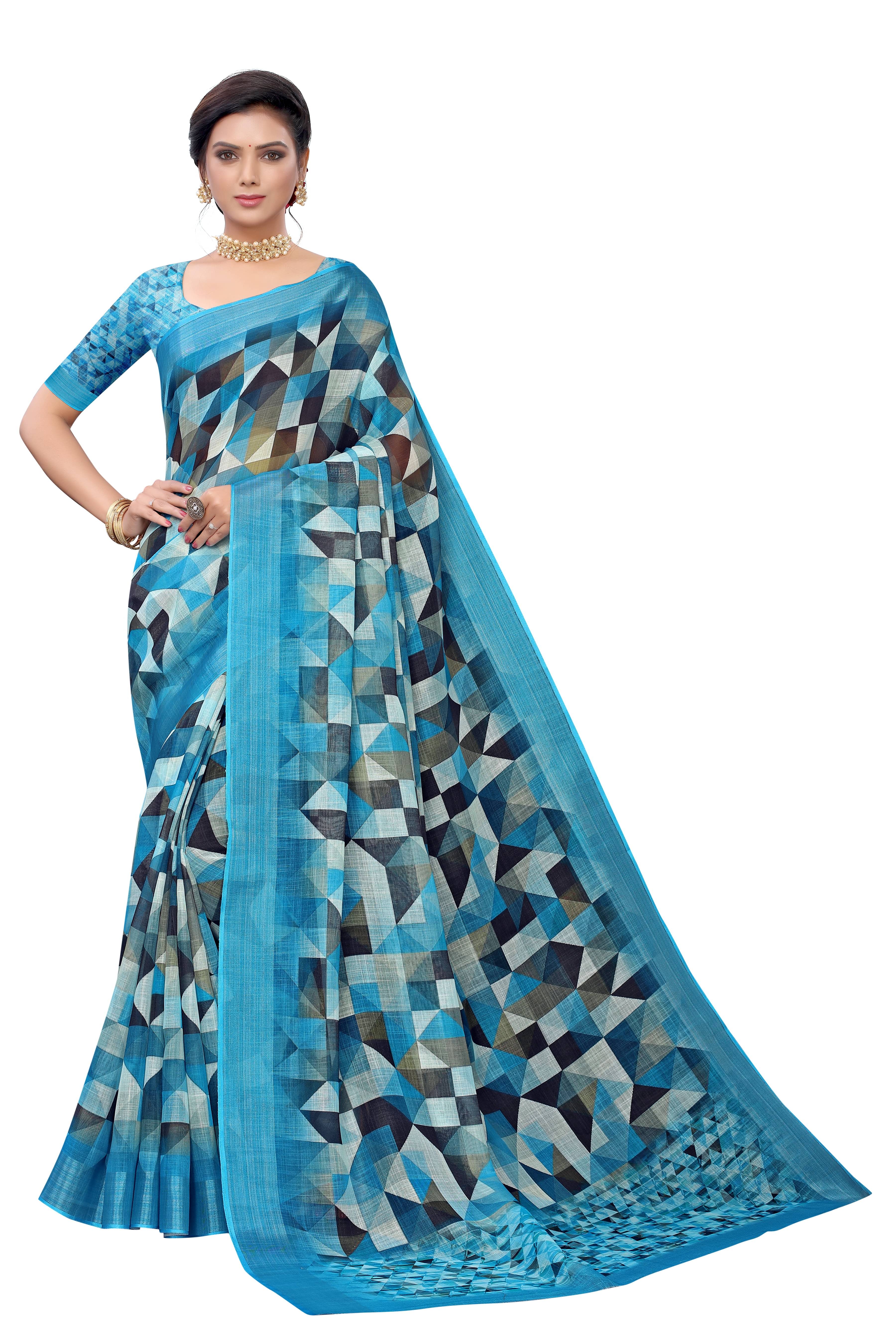 Rangtulika Ethnics Linen Printed Banarasi saree With Unstitched Blouse Piece ( Blue ) Rangtulika Ethnics Linen Printed Banarasi saree With Unstitched Blouse Piece ( Blue )