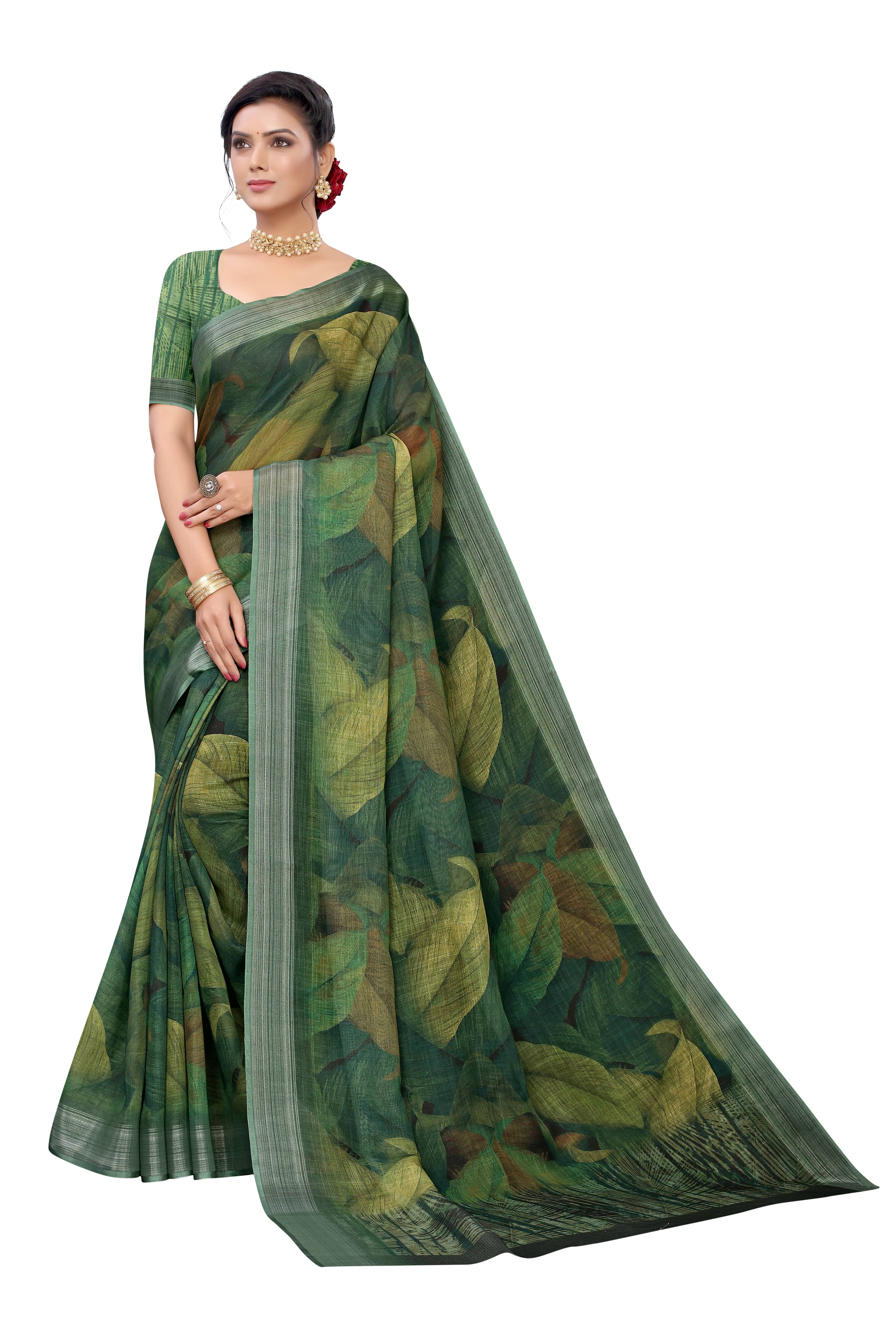 Rangtulika Ethnics Linen Printed Banarasi saree With Unstitched Blouse Piece ( Green ) Rangtulika Ethnics Linen Printed Banarasi saree With Unstitched Blouse Piece ( Green )