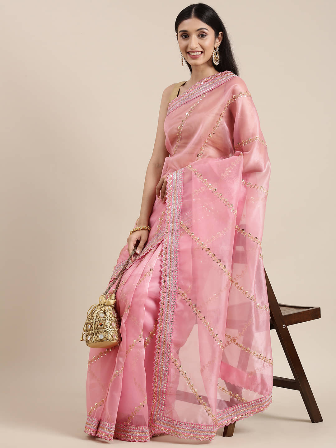 Rangtulika Ethnics Organza Woven Banarasi saree With Unstitched Blouse Piece ( Pink ) - Sarees | Buy online on ZillyBuy