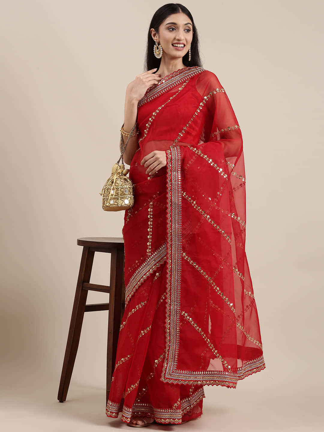 Rangtulika Ethnics Organza Woven Banarasi saree With Unstitched Blouse Piece ( Red ) - Sarees | Buy online on ZillyBuy
