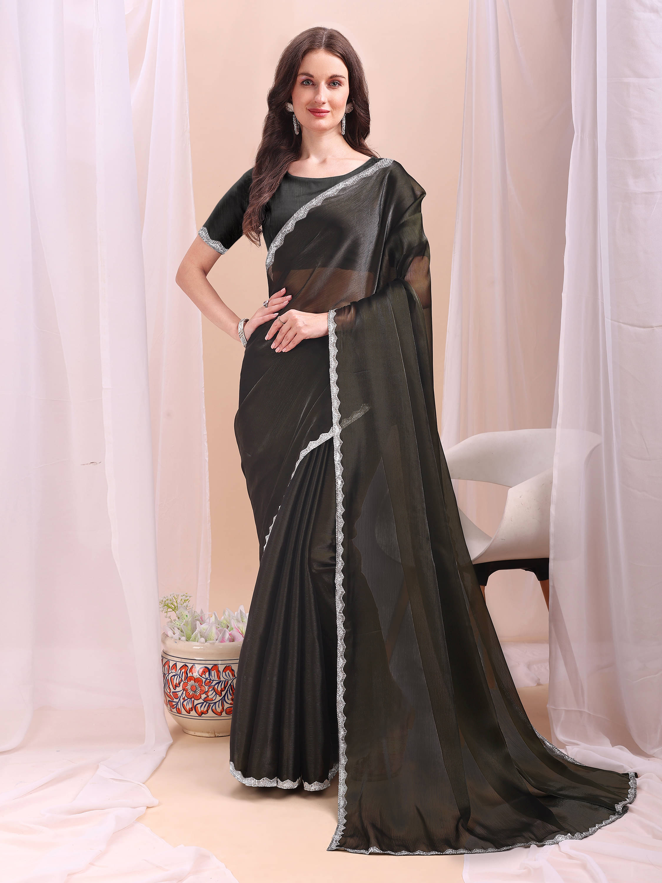 XOOM LADY Zimmy Choo Solid Saree With Unstitched Blouse Piece ( Olive ) XOOM LADY Zimmy Choo Solid Saree With Unstitched Blouse Piece ( Olive )