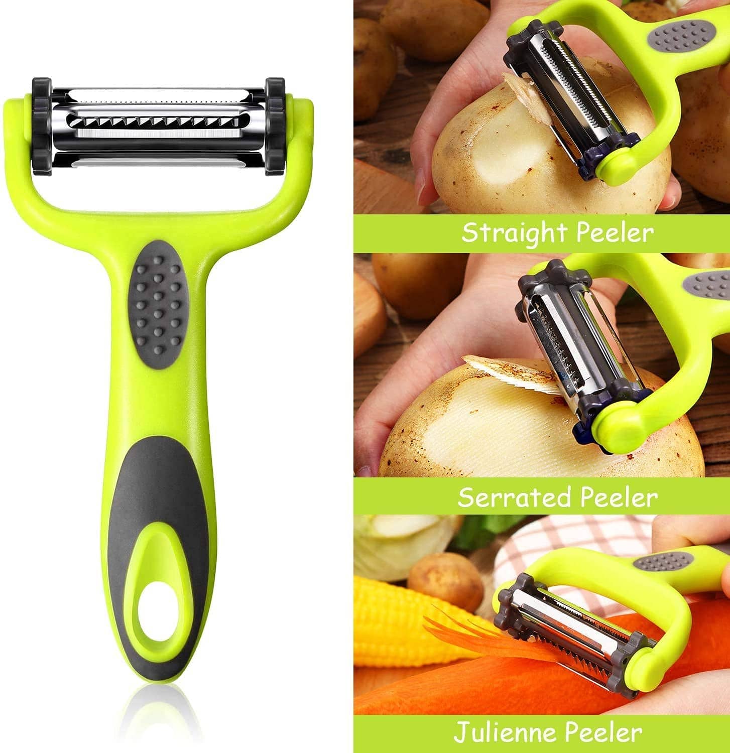3 in 1 Multifunction Vegetable & Fruit Peeler Slicers with 3 Rotatable Stainless-Steel Blades