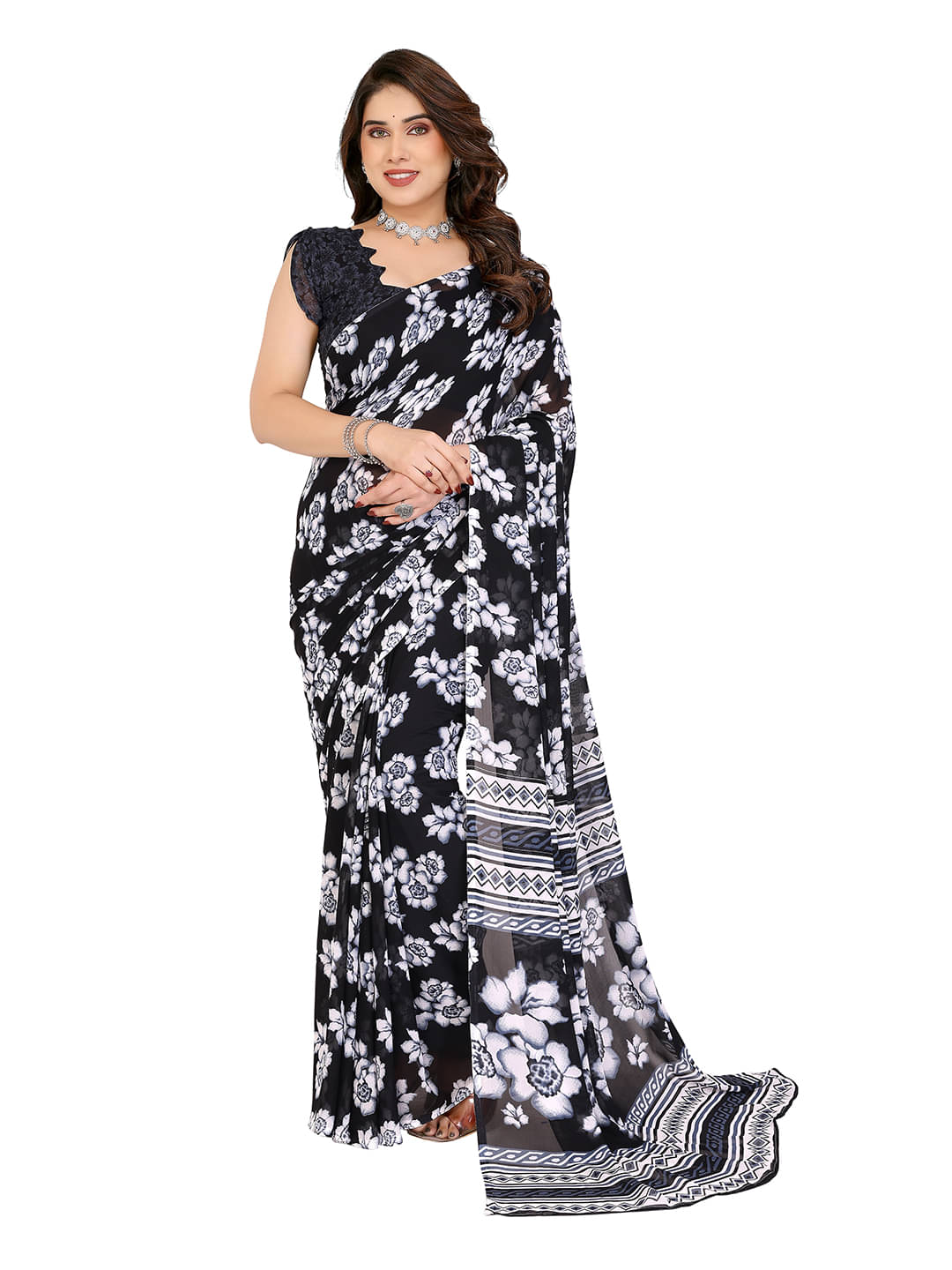 ANAND SAREES Georgette Printed Ilkal Saree With Unstitched Blouse Piece ( Black ) ANAND SAREES Georgette Printed Ilkal Saree With Unstitched Blouse Piece ( Black )