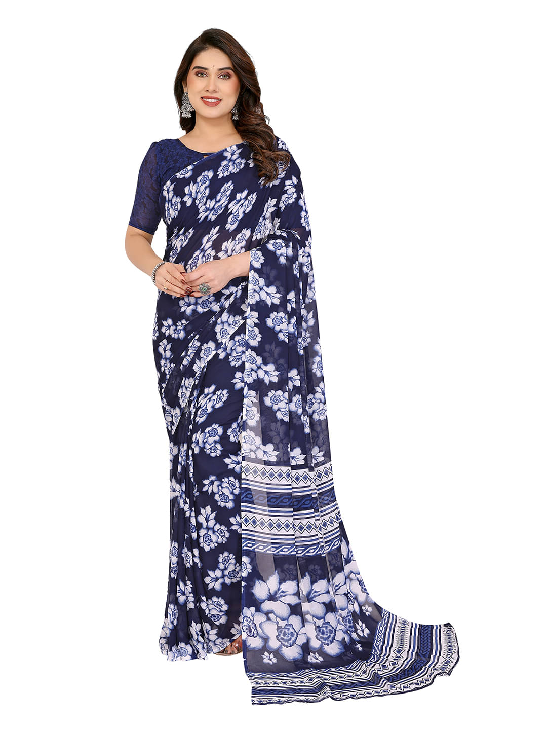 ANAND SAREES Georgette Printed Ilkal Saree With Unstitched Blouse Piece ( Navy Blue ) ANAND SAREES Georgette Printed Ilkal Saree With Unstitched Blouse Piece ( Navy Blue )