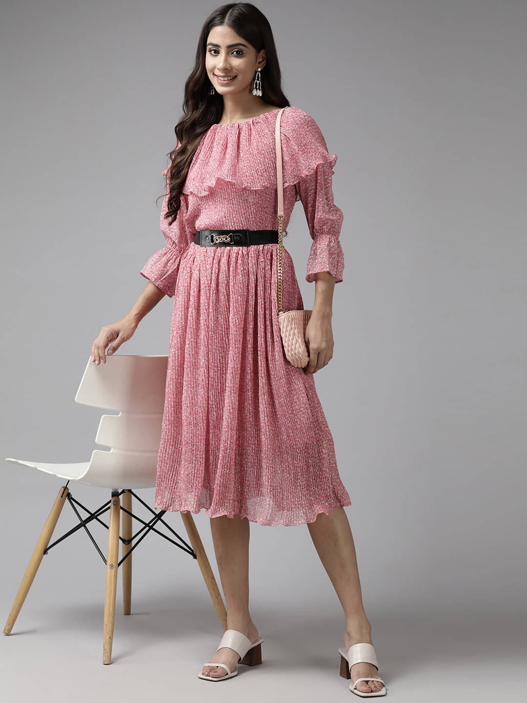 Aarika Women Georgette Printed Fit & Flare Dress ( Pink )     			Aarika Women Georgette Printed Fit & Flare Dress ( Pink )