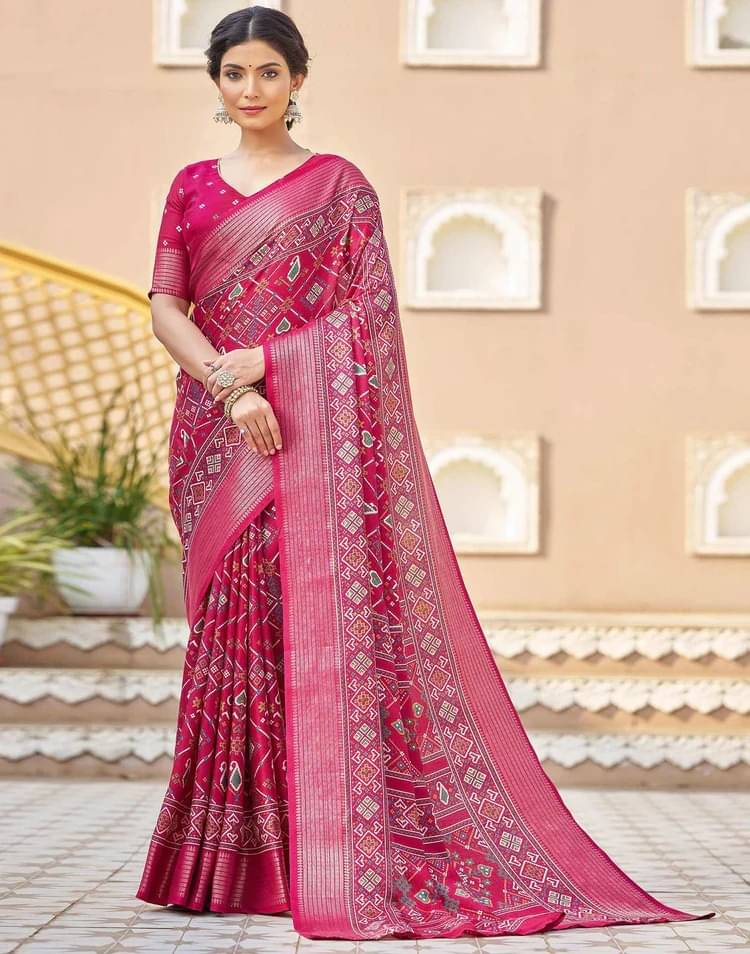     			Apnisha Silk Blend Printed Saree With Unstitched Blouse Piece ( Pink )