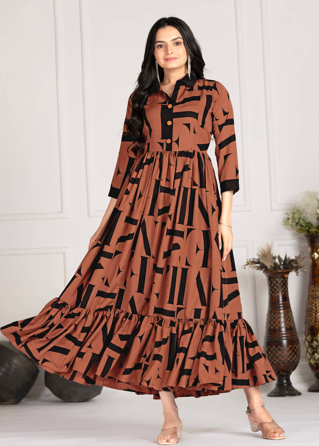     			Ayesha Fashion Women Crepe Printed Fit & Flare Dress ( Brown )