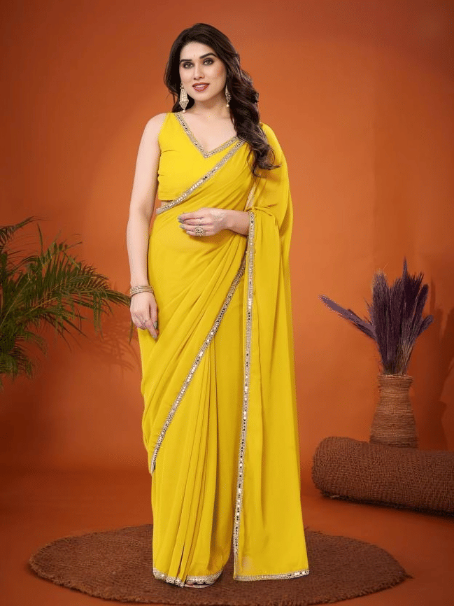 BLEESBURY Chiffon Solid Saree With Unstitched Blouse Piece ( Yellow ) BLEESBURY Chiffon Solid Saree With Unstitched Blouse Piece ( Yellow )