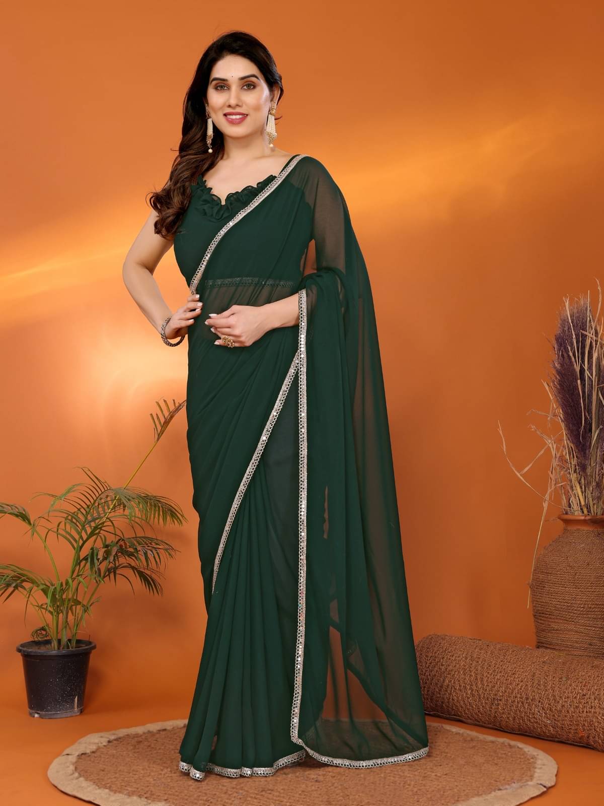 BLEESBURY Chiffon Solid Saree With Unstitched Blouse Piece ( Green ) BLEESBURY Chiffon Solid Saree With Unstitched Blouse Piece ( Green )