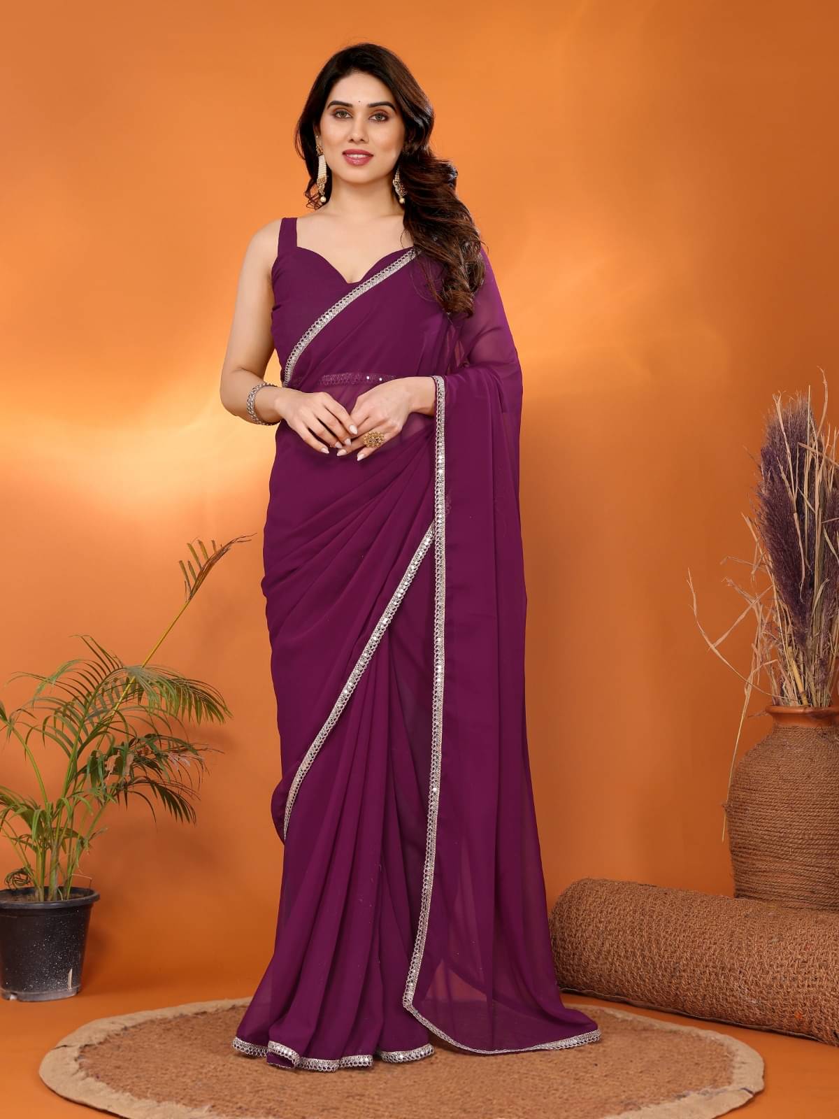 BLEESBURY Chiffon Solid Saree With Unstitched Blouse Piece ( Purple ) BLEESBURY Chiffon Solid Saree With Unstitched Blouse Piece ( Purple )