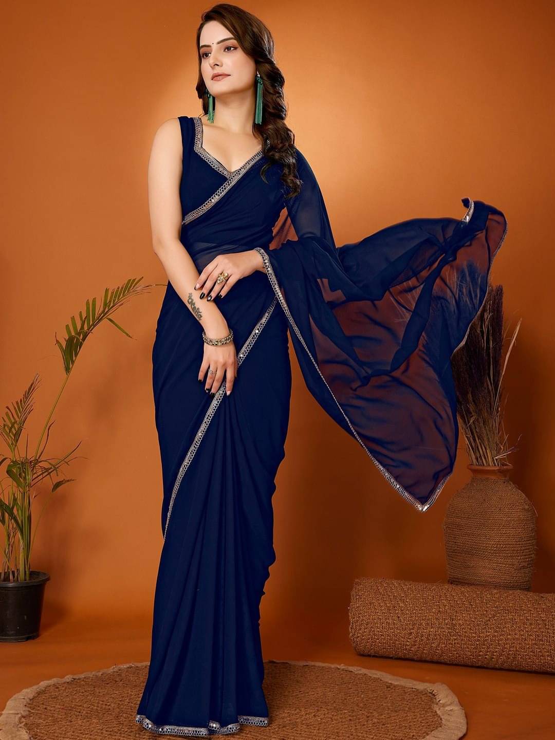 BLEESBURY Chiffon Solid Saree With Unstitched Blouse Piece ( Blue ) BLEESBURY Chiffon Solid Saree With Unstitched Blouse Piece ( Blue )