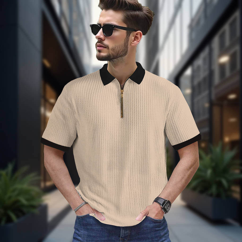 CONWAY Men Cotton Blend Regular Fit Self Design T-Shirt ( Beige ) CONWAY Men Cotton Blend Regular Fit Self Design T-Shirt ( Beige )