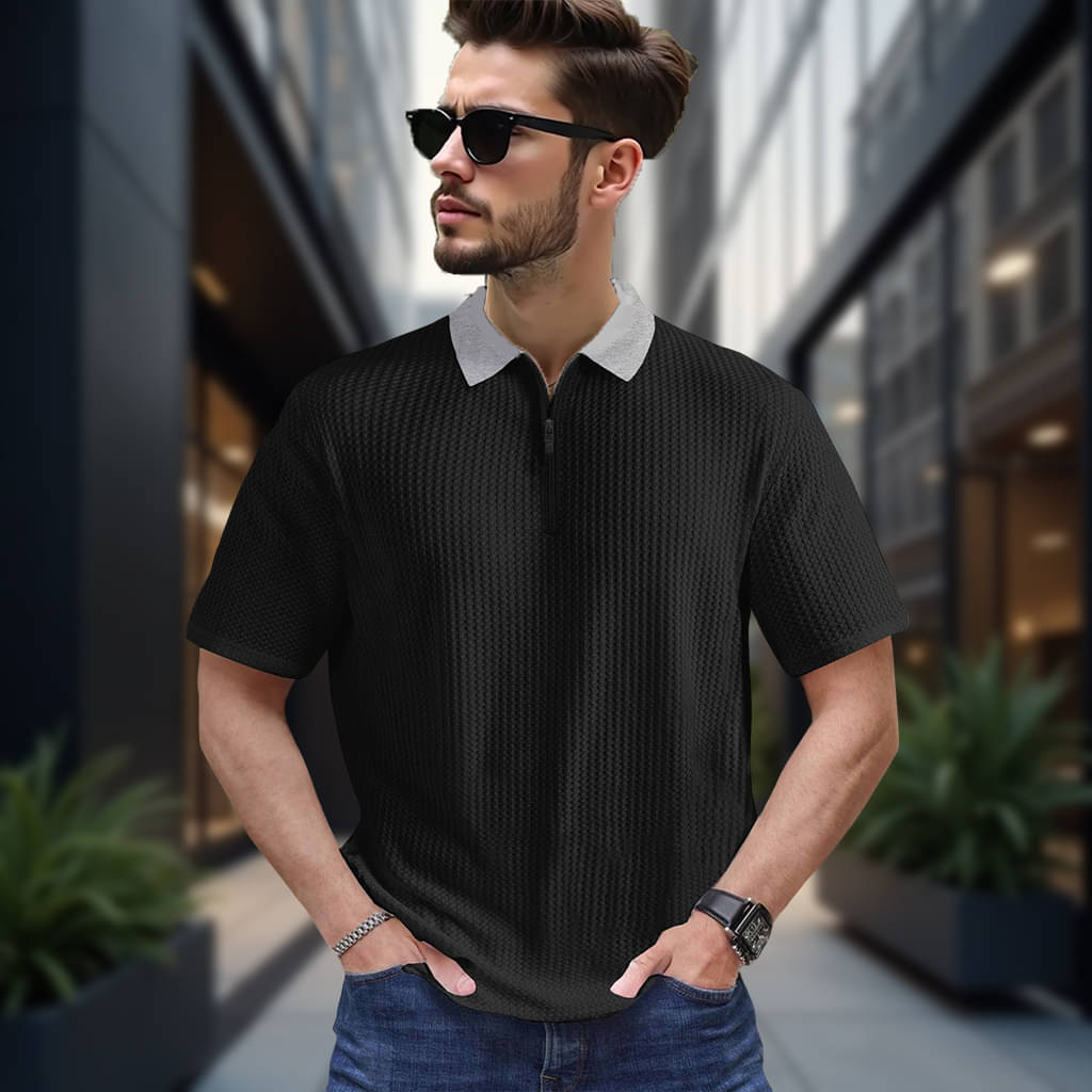 CONWAY Men Cotton Blend Regular Fit Self Design T-Shirt ( Black ) CONWAY Men Cotton Blend Regular Fit Self Design T-Shirt ( Black )