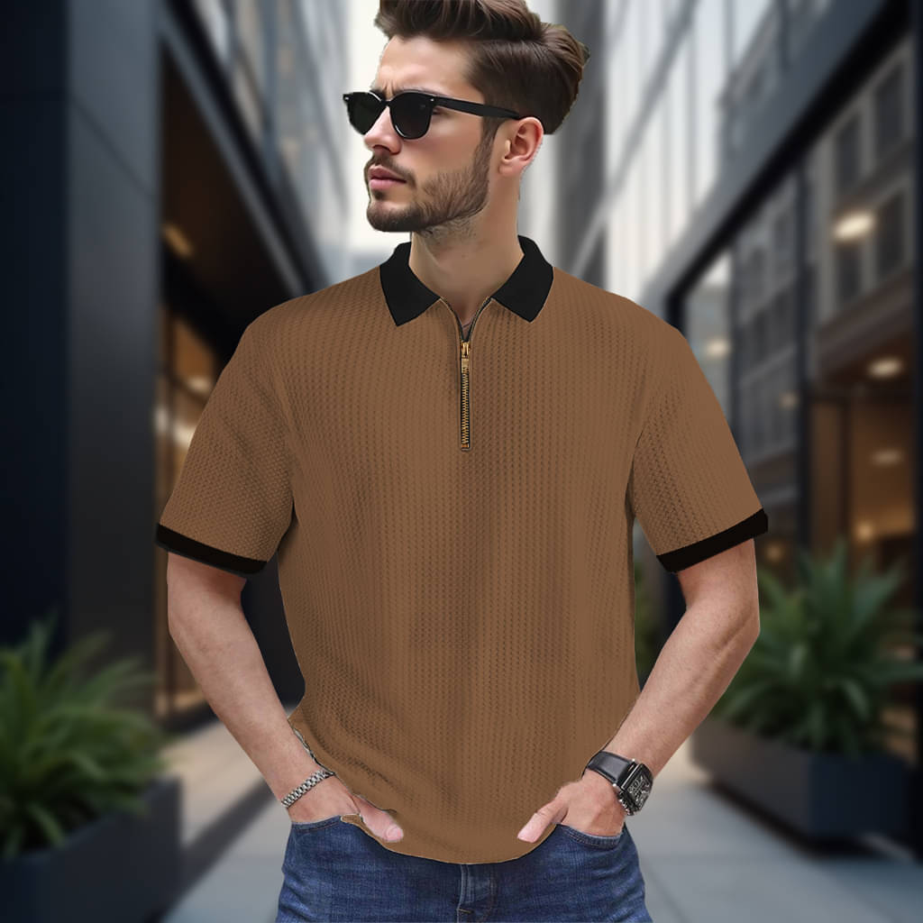     			CONWAY Men Cotton Blend Regular Fit Self Design T-Shirt ( Brown )
