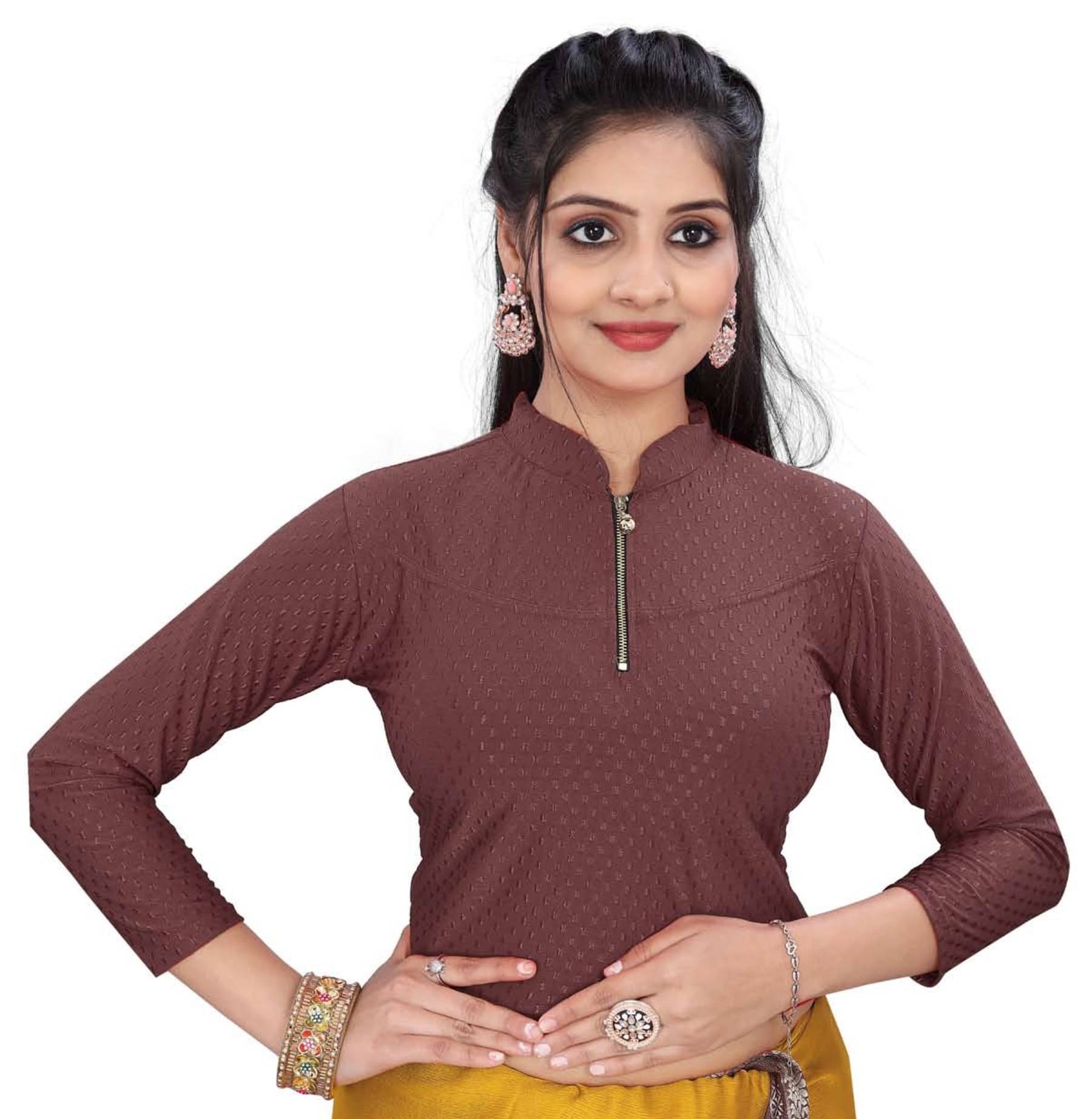     			DELTIN HUB Brown Readymade without Pad Cotton Blend Women's Blouse ( Pack of 1 )