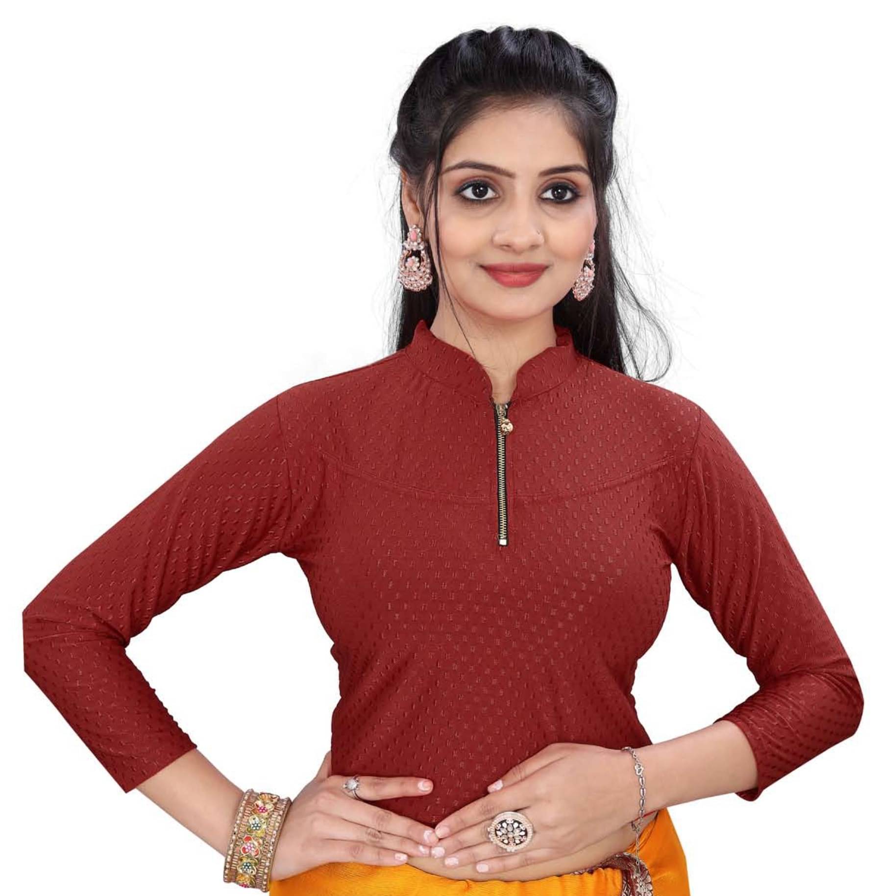     			DELTIN HUB Maroon Readymade without Pad Cotton Blend Women's Blouse ( Pack of 1 )