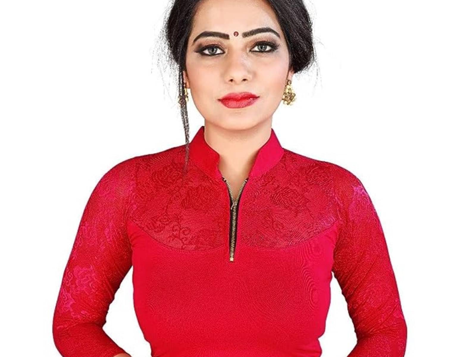     			DELTIN HUB Red Readymade without Pad Cotton Blend Women's Blouse ( Pack of 1 )
