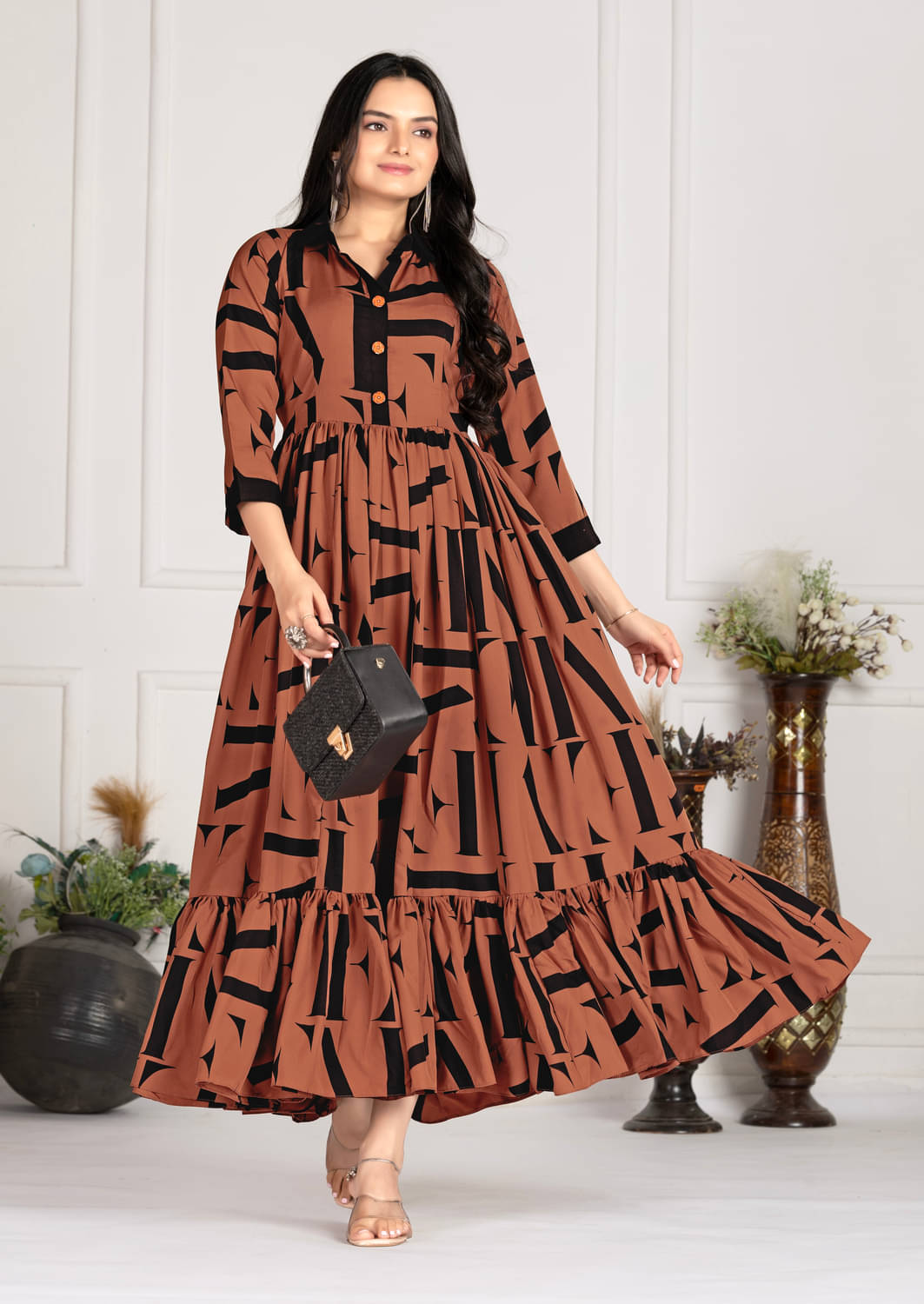 FANCY FLAIR Women Crepe Printed Fit & Flare Dress ( Brown )     			FANCY FLAIR Women Crepe Printed Fit & Flare Dress ( Brown )