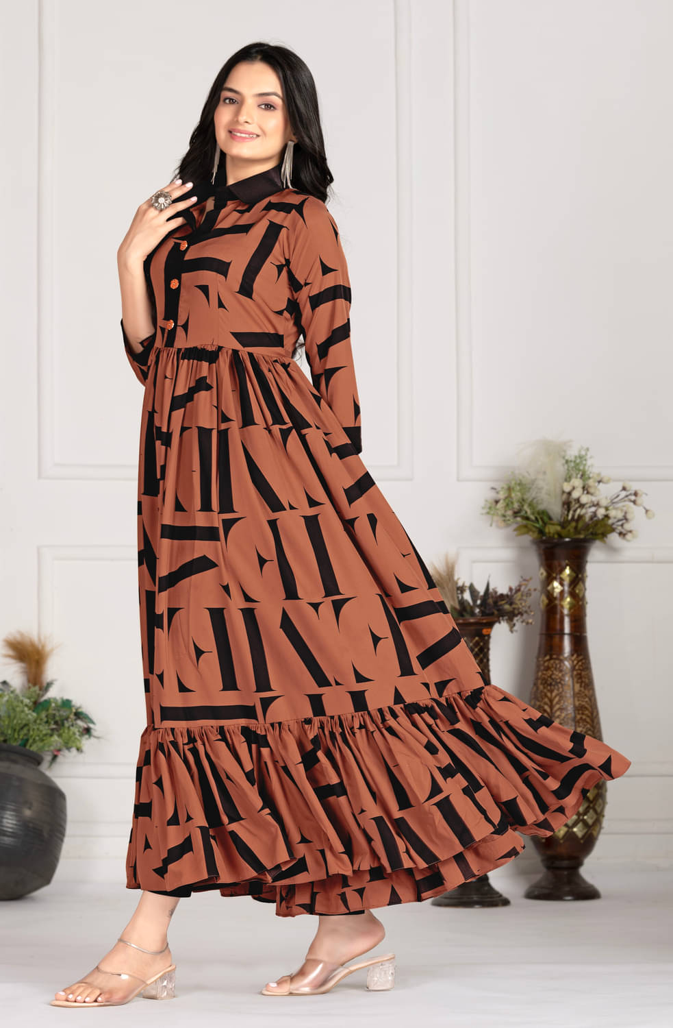 FANCY FLAIR Women Crepe Printed Fit & Flare Dress ( Brown ) FANCY FLAIR Women Crepe Printed Fit & Flare Dress ( Brown )