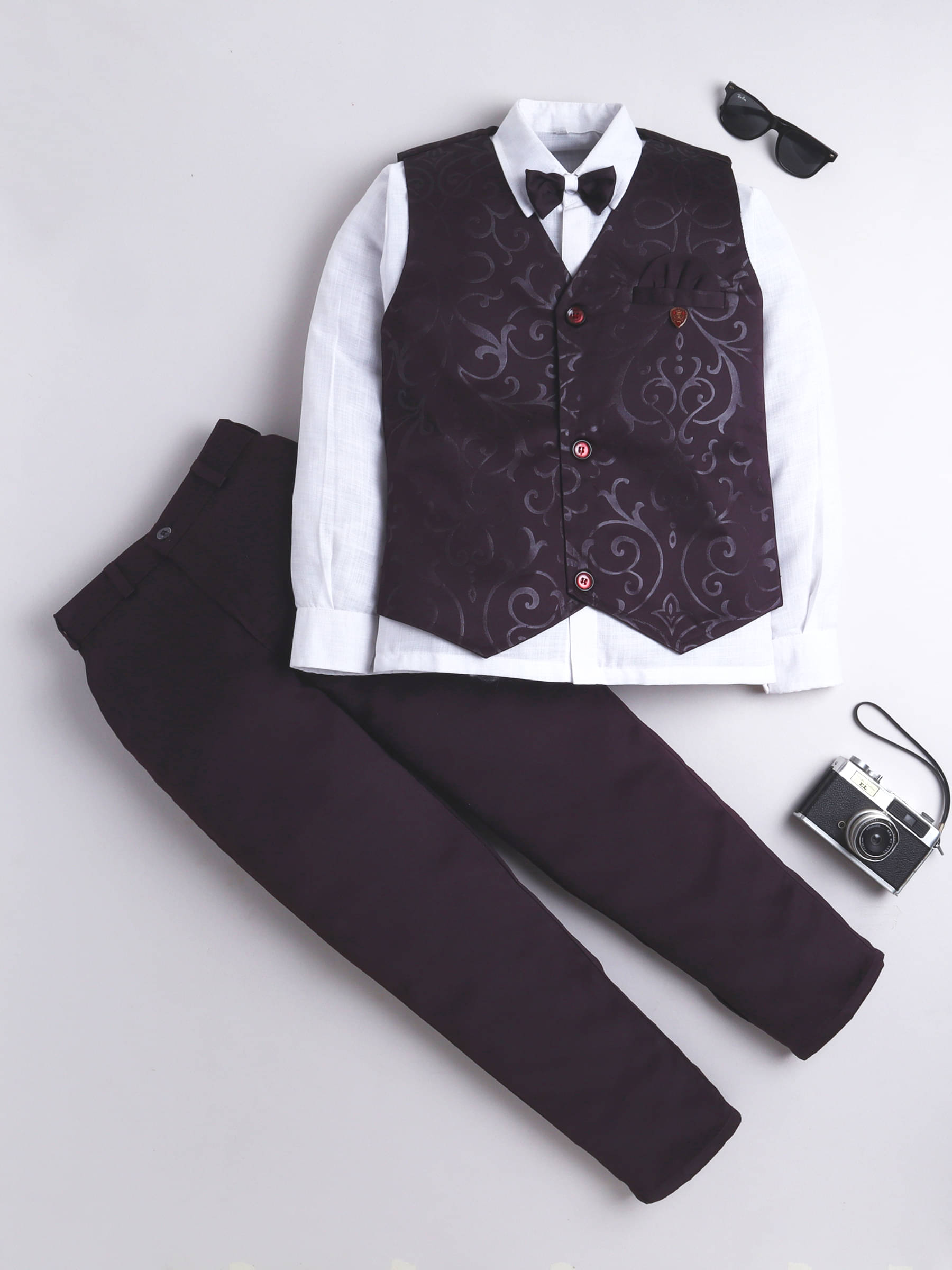     			Fourfolds Boys Polyester Suit ( Pack of 1 , Wine )