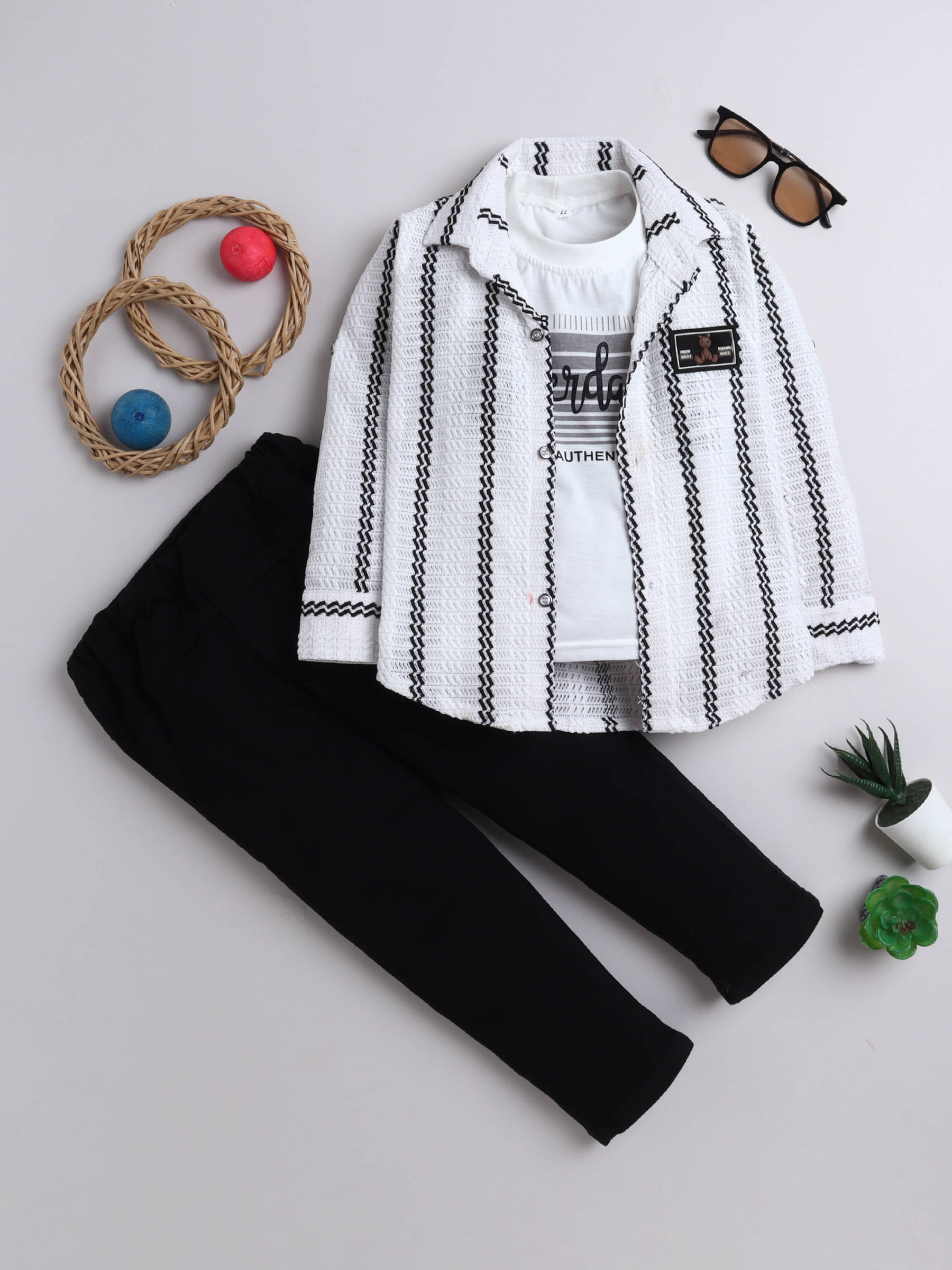     			Fourfolds Pack of 1 Boys Cotton Blend Shirt & Pants Set ( Black )