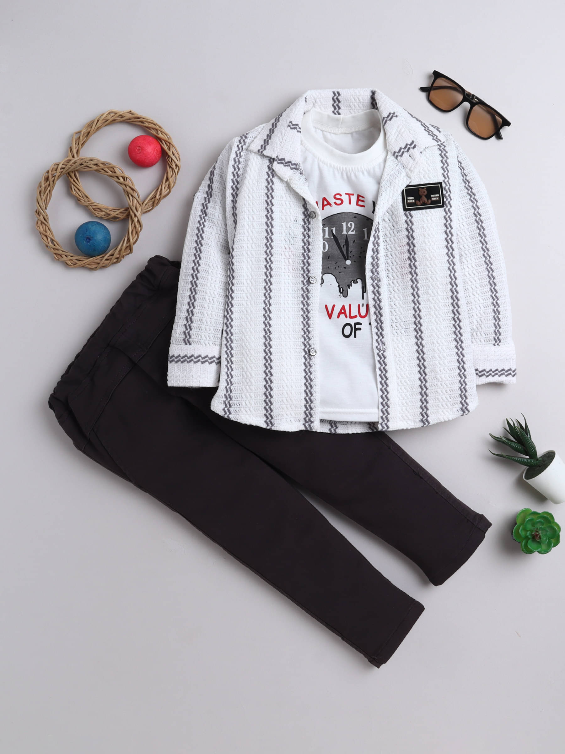     			Fourfolds Pack of 1 Boys Cotton Blend Shirt & Pants Set ( Grey )