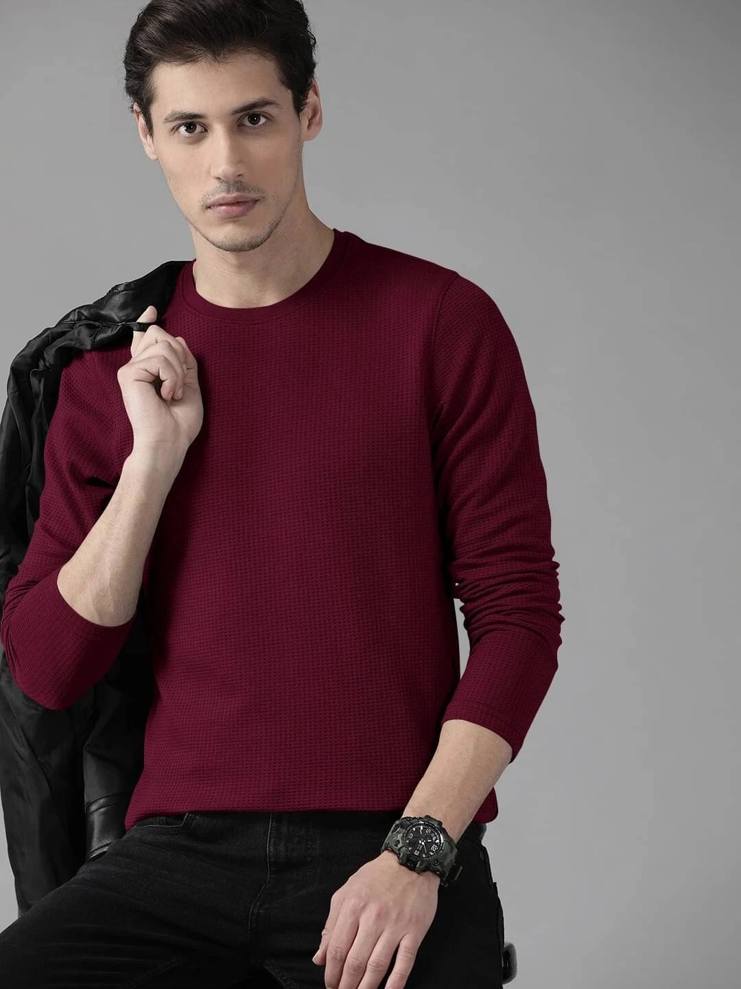     			Hoodler Men Cotton Blend Regular Fit Popcorn Textured T-Shirt ( Maroon )
