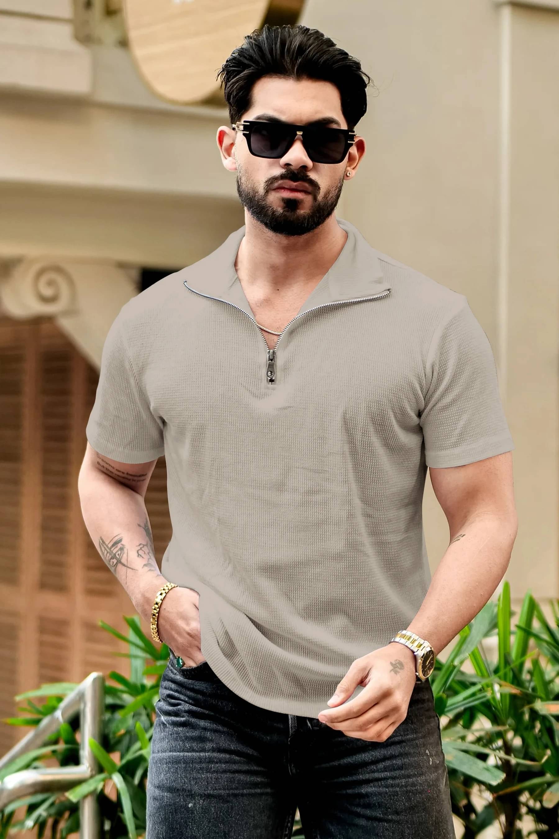 Hoodler Men Cotton Blend Regular Fit Self Design Polo T Shirt ( Beige ) Hoodler Men Cotton Blend Regular Fit Self Design Polo T Shirt ( Beige )