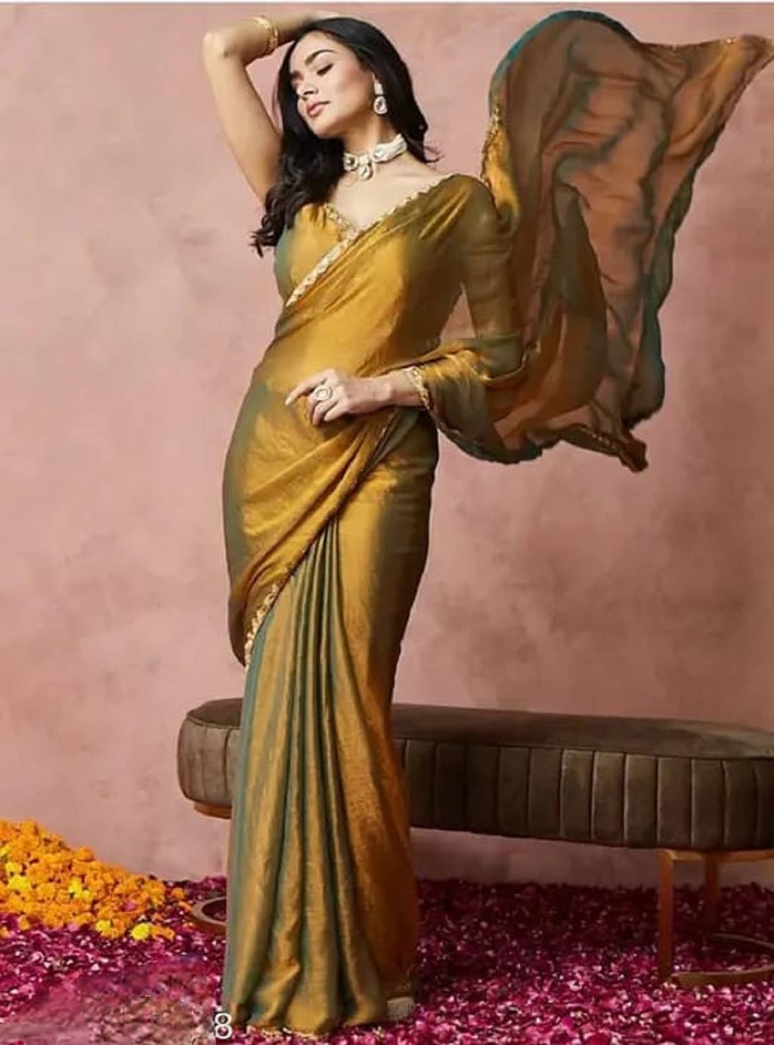 JILUDI Chiffon Solid Kanjeevaram Sarees With Unstitched Blouse Piece ( Gold ) - Sarees | Buy online on ZillyBuy