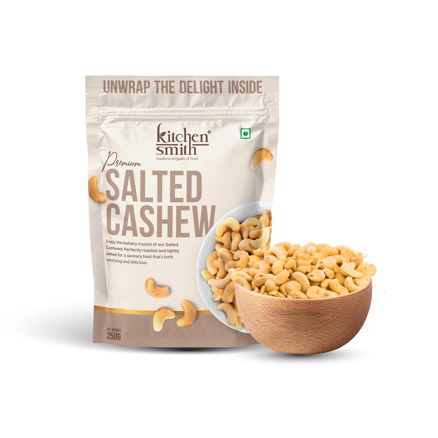KITCHENSMITH Premium Salted Whole Cashew (W240) 250gm (Pack of 1)     			KITCHENSMITH Premium Salted Whole Cashew (W240) 250gm (Pack of 1)