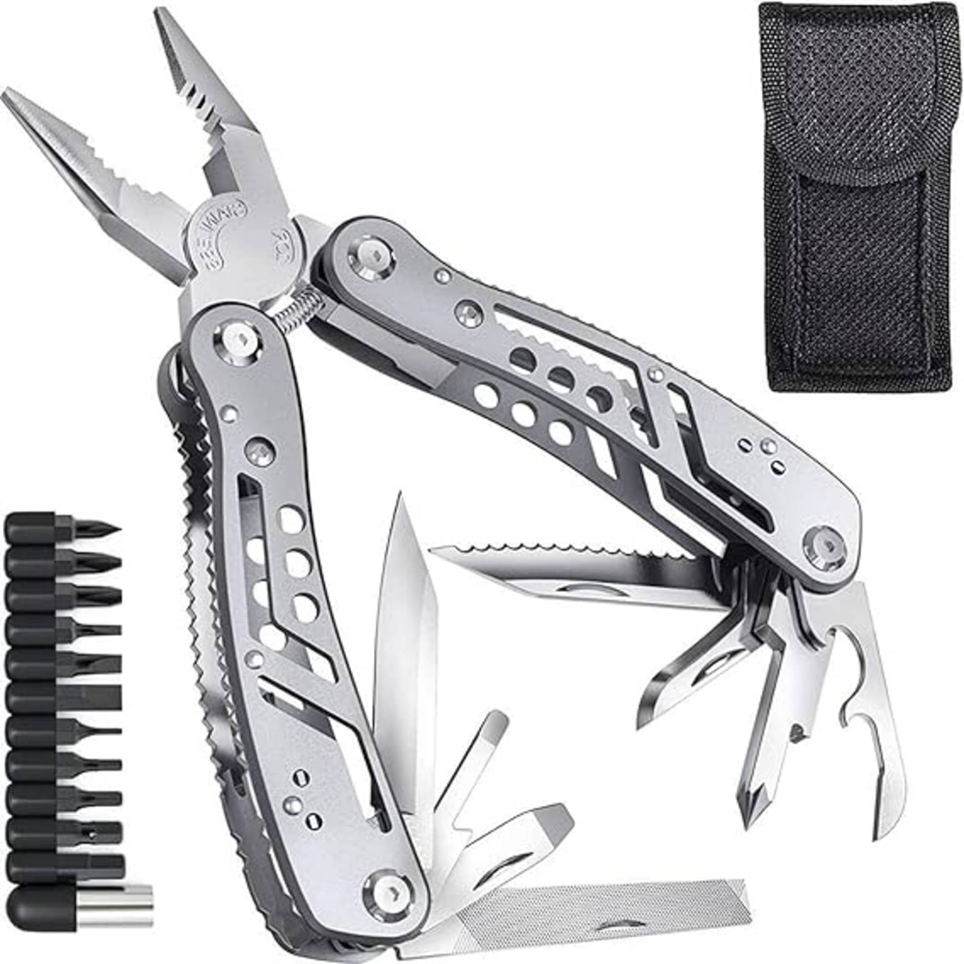Kadio 24 in 1 Multi-function Plier Tools Made of Stainless Steel with 11 Screwdriver bits with Safety Hook, Bottle Opener, Multifunction Pliers for Outdoor Backpacking & Gifting. (Medium) Kadio 24 in 1 Multi-function Plier Tools Made of Stainless Steel with 11 Screwdriver bits with Safety Hook, Bottle Opener, Multifunction Pliers for Outdoor Backpacking & Gifting. (Medium)
