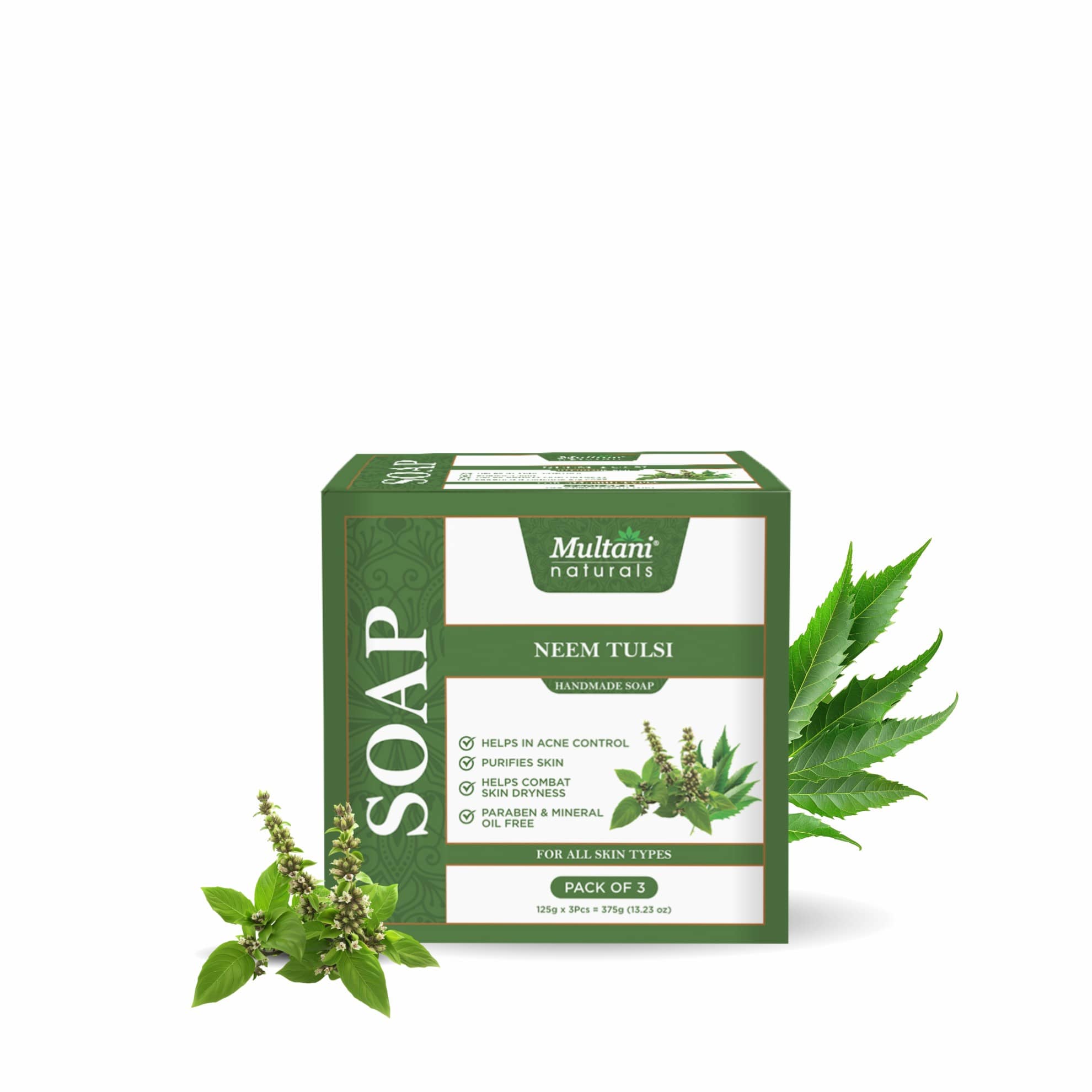 Multani Naturals Neem Tulsi Soap With Neem Extracts Antioxidants, Fights Acne & Skin Irritation, Fights Dryness 125gm (Pack of 3)