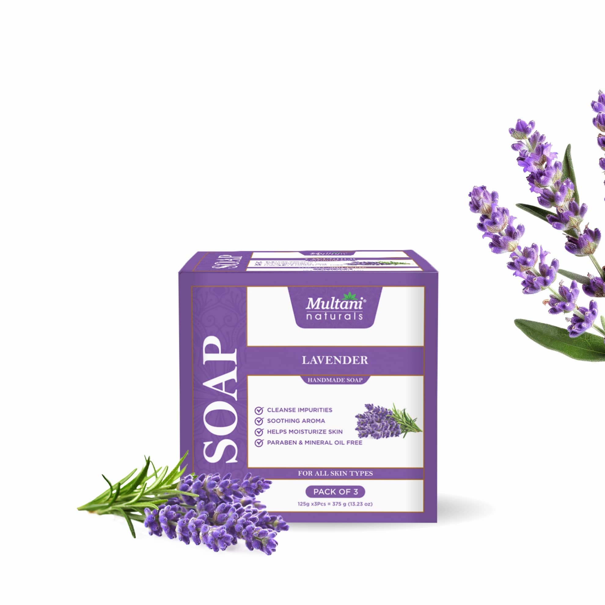 Multani Naturals Lavender Soap Pure Lavender Oil & Glycerin For Dark Spots on Skin, Exfoliates Dead Skin Cells 125gm (Pack of 3)