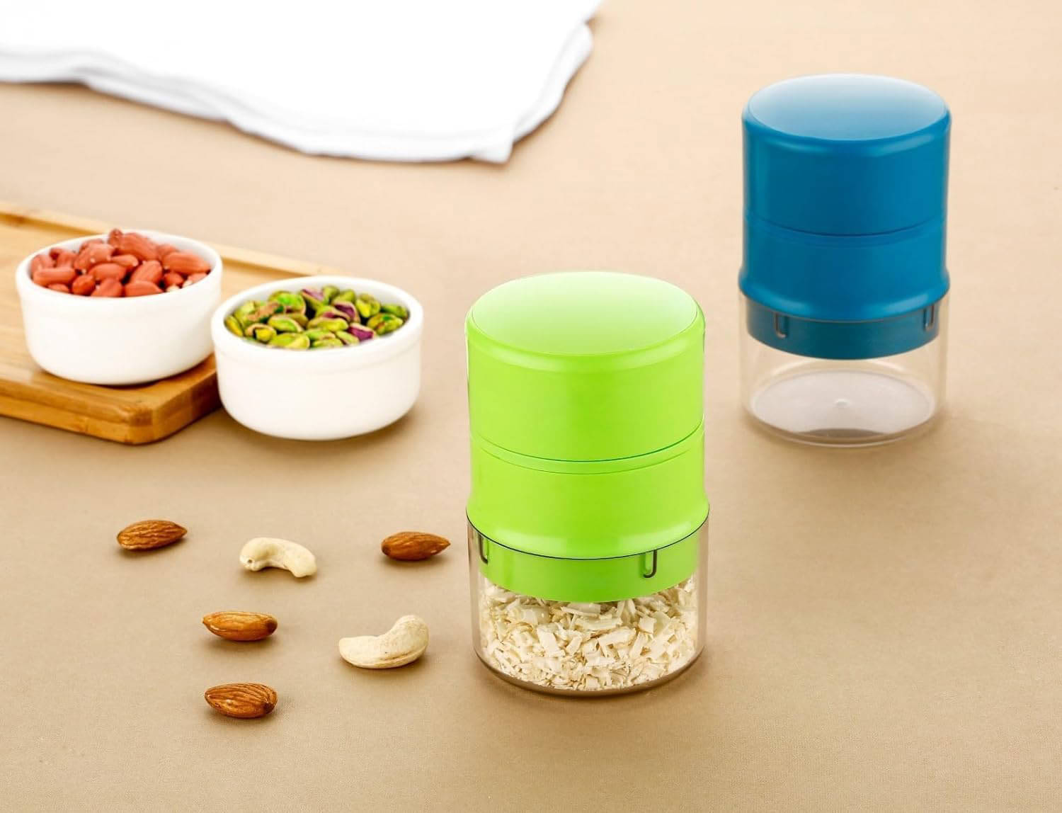     			Manual Nut Chopper with Clear Container, Compact Food Grinder for Nuts and Spices, Multicolor