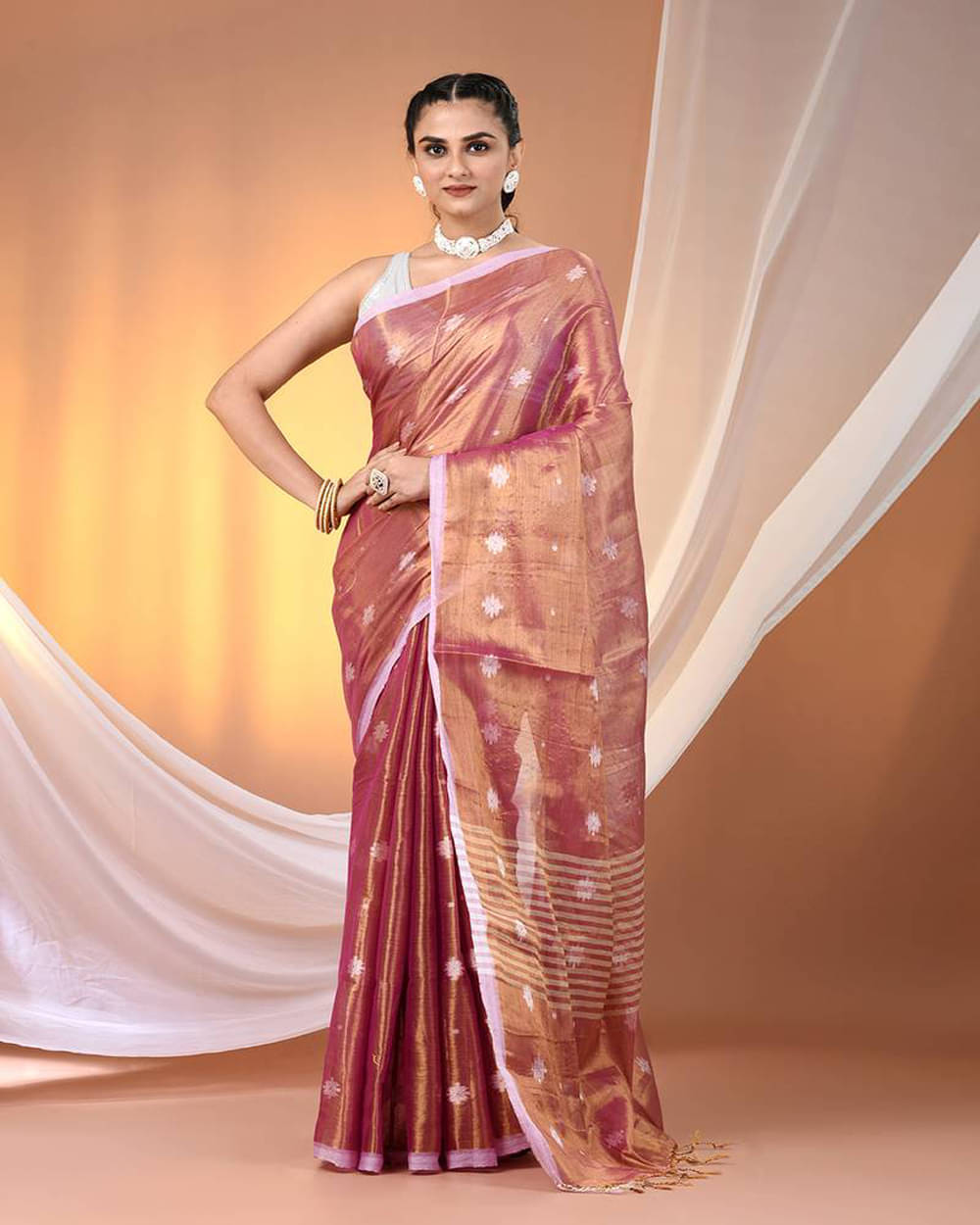     			PIYARI FASHION Tissue Embellished Tant Saree With Unstitched Blouse Piece ( Coral )