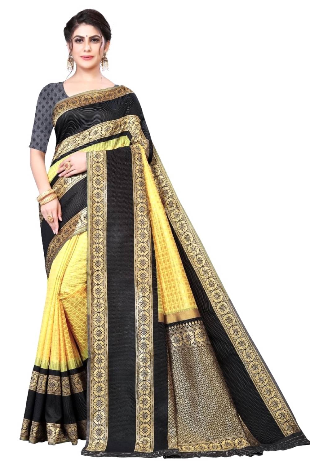 Rv fashion Cotton Silk Printed Banarasi saree With Unstitched Blouse Piece ( Yellow,Black,Gold ) Rv fashion Cotton Silk Printed Banarasi saree With Unstitched Blouse Piece ( Yellow,Black,Gold )