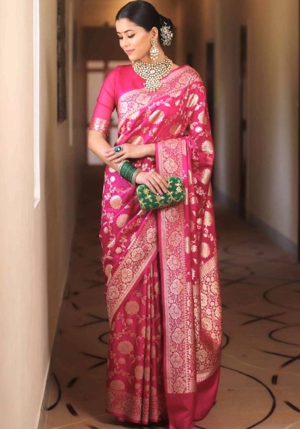     			Rv fashion Cotton Silk Printed Banarasi saree With Unstitched Blouse Piece ( Rani )