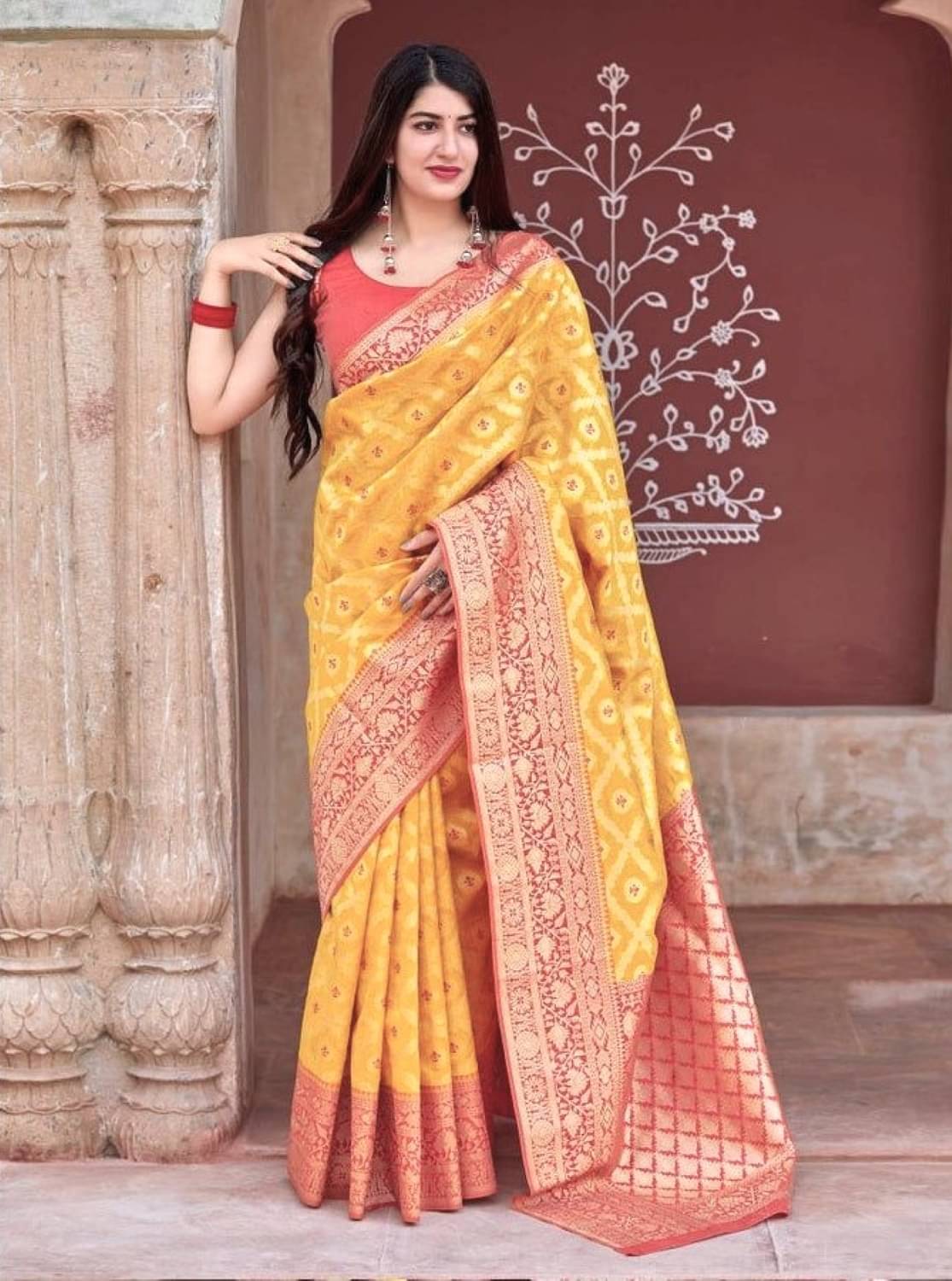 Rv fashion Cotton Silk Printed Banarasi saree With Unstitched Blouse Piece ( Yellow ) Rv fashion Cotton Silk Printed Banarasi saree With Unstitched Blouse Piece ( Yellow )