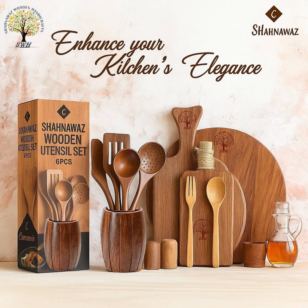 SWH Spoon 6 Wooden Cutlery Set Brown ( Pack of 7 )