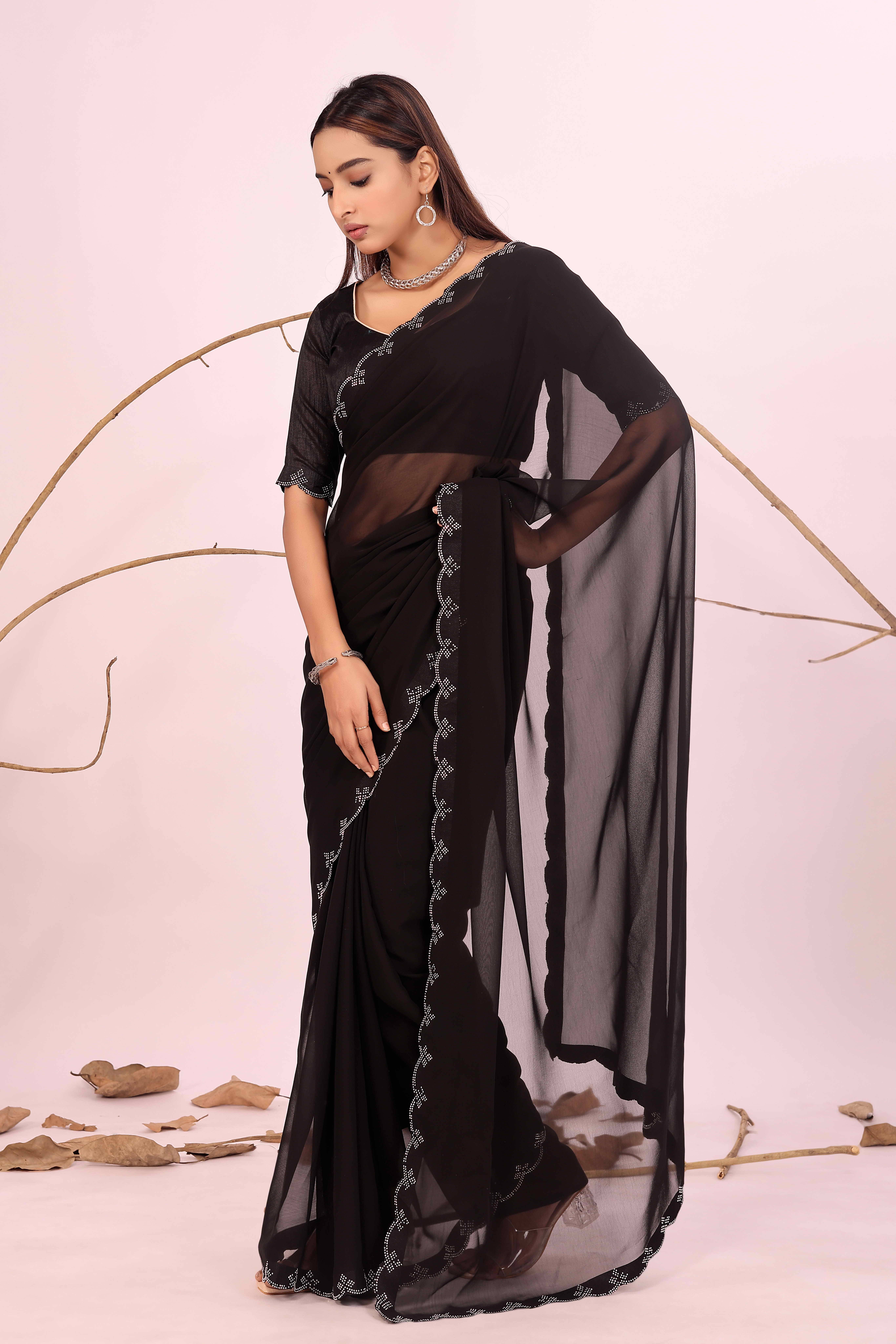 Samai Georgette Embellished Saree With Unstitched Blouse Piece ( Black ) Samai Georgette Embellished Saree With Unstitched Blouse Piece ( Black )